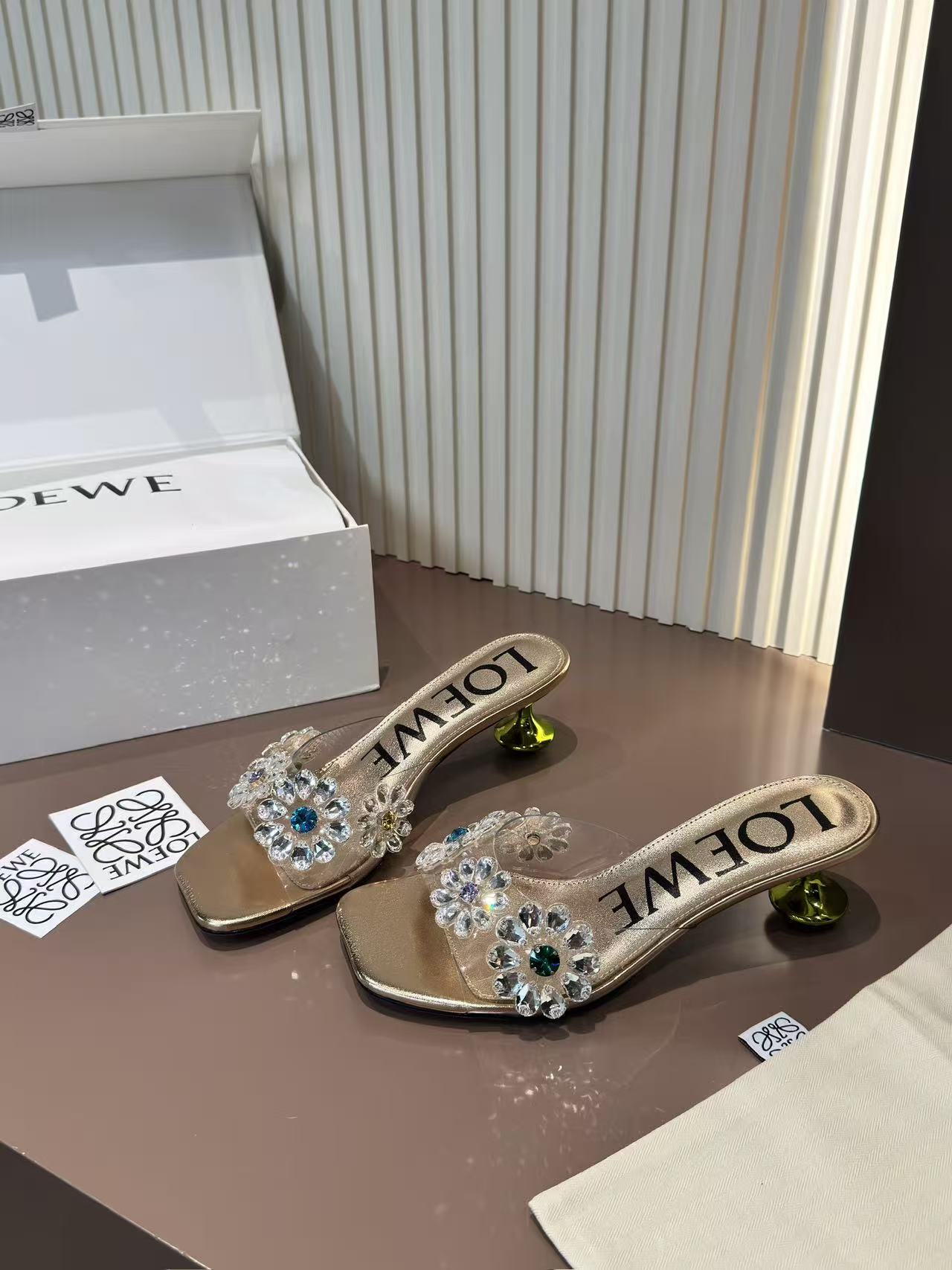 LOVESTAHL Toy Crystal Flower Mule Slides Handmade Rhinestone Floral Mules Soft Sheepskin Insole Genuine Leather Outsole Signature Green Toy Heel Women Party Slip On Sandals