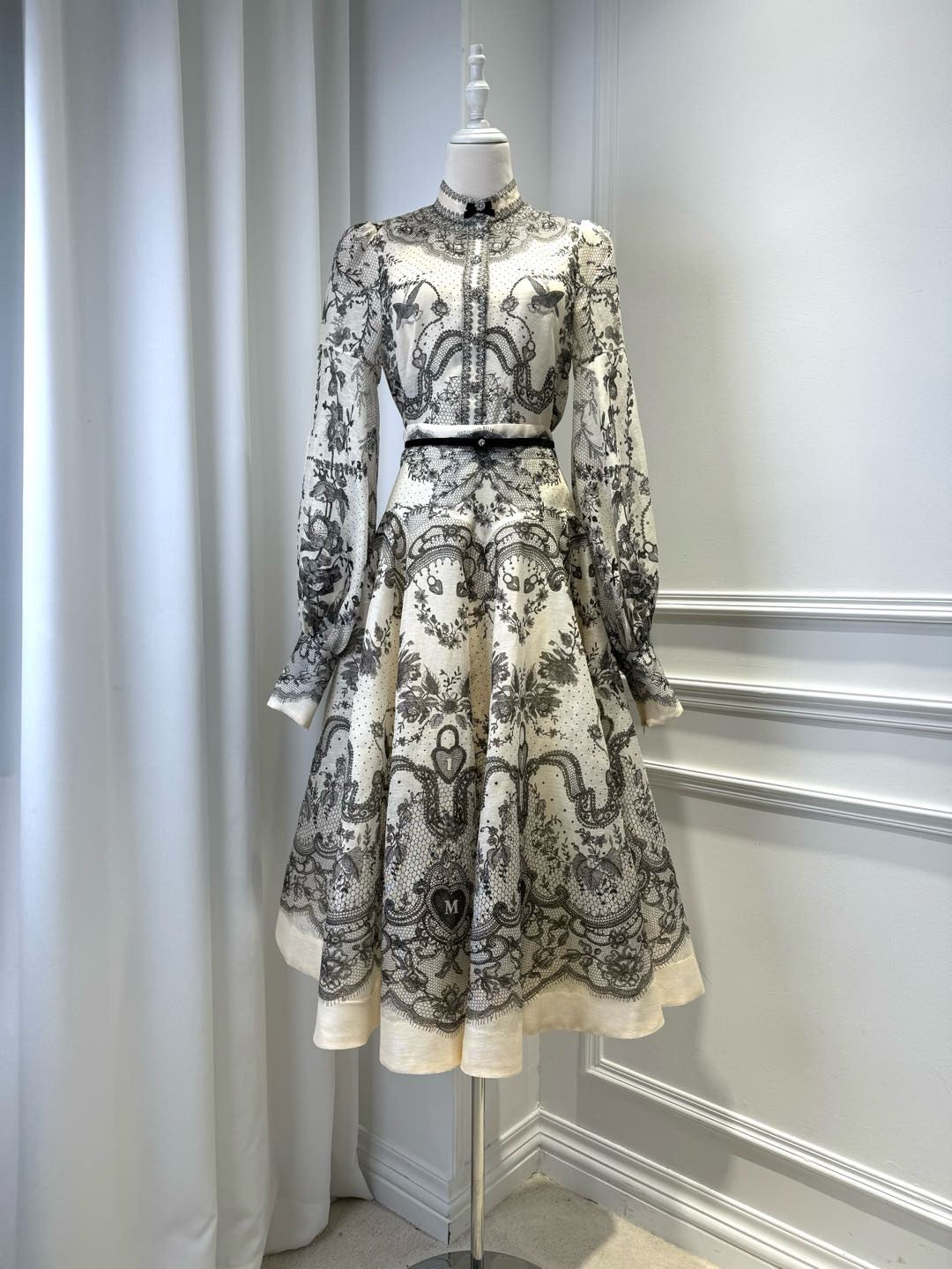 LOVESTAHL Vintage Lace Butterfly Print Midi Dress Women High Neck Puff Long Sleeve Slim Waist Belt Retro A Line Party Dresses