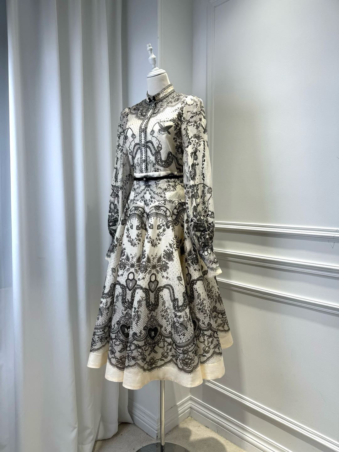 LOVESTAHL Vintage Lace Butterfly Print Midi Dress Women High Neck Puff Long Sleeve Slim Waist Belt Retro A Line Party Dresses