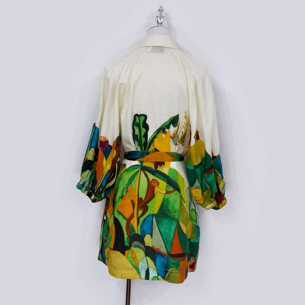 Lovestahl Niche Abstract Tropical Bird Print Shirt Dress Women Collar 3/4 Puff Sleeve Self Tie Waist Belt Mini Shirt Dress Resort Holiday Linen Blend Dress Size 6-12 In Stock