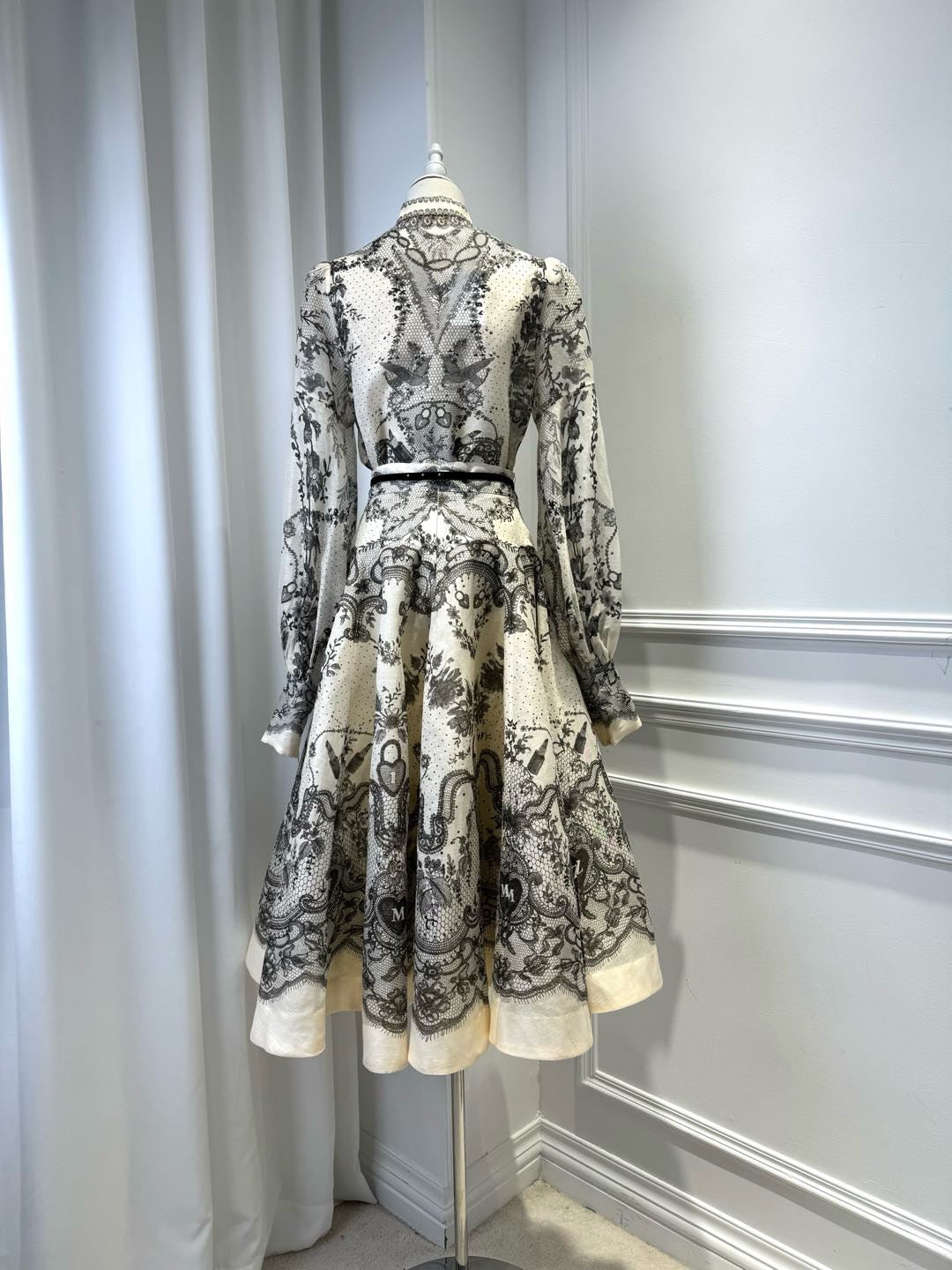 LOVESTAHL Vintage Lace Butterfly Print Midi Dress Women High Neck Puff Long Sleeve Slim Waist Belt Retro A Line Party Dresses