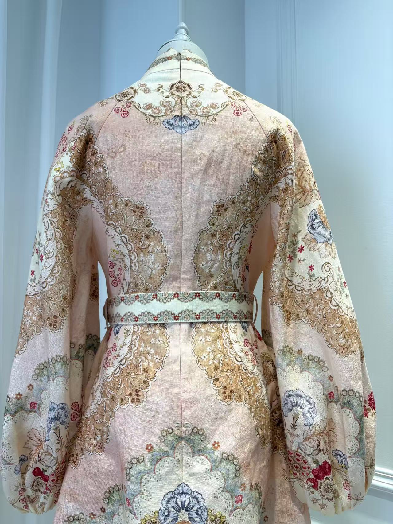 LOVESTAHL Vintage Baroque Floral Mini Dress Women Mandarin Collar Balloon Long Sleeve Waist Belt Scalloped Hem Retro Party Short Dresses