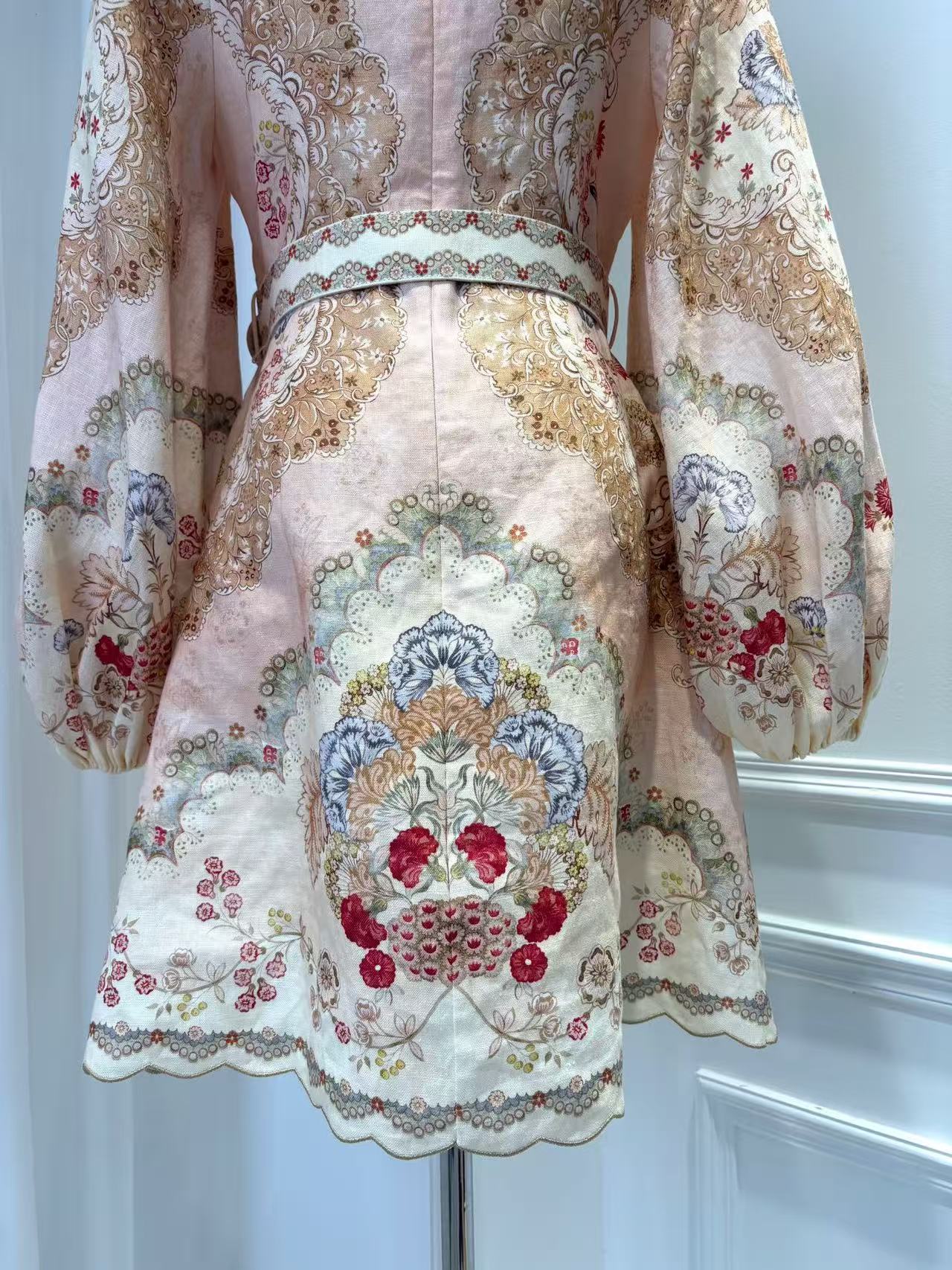 LOVESTAHL Vintage Baroque Floral Mini Dress Women Mandarin Collar Balloon Long Sleeve Waist Belt Scalloped Hem Retro Party Short Dresses
