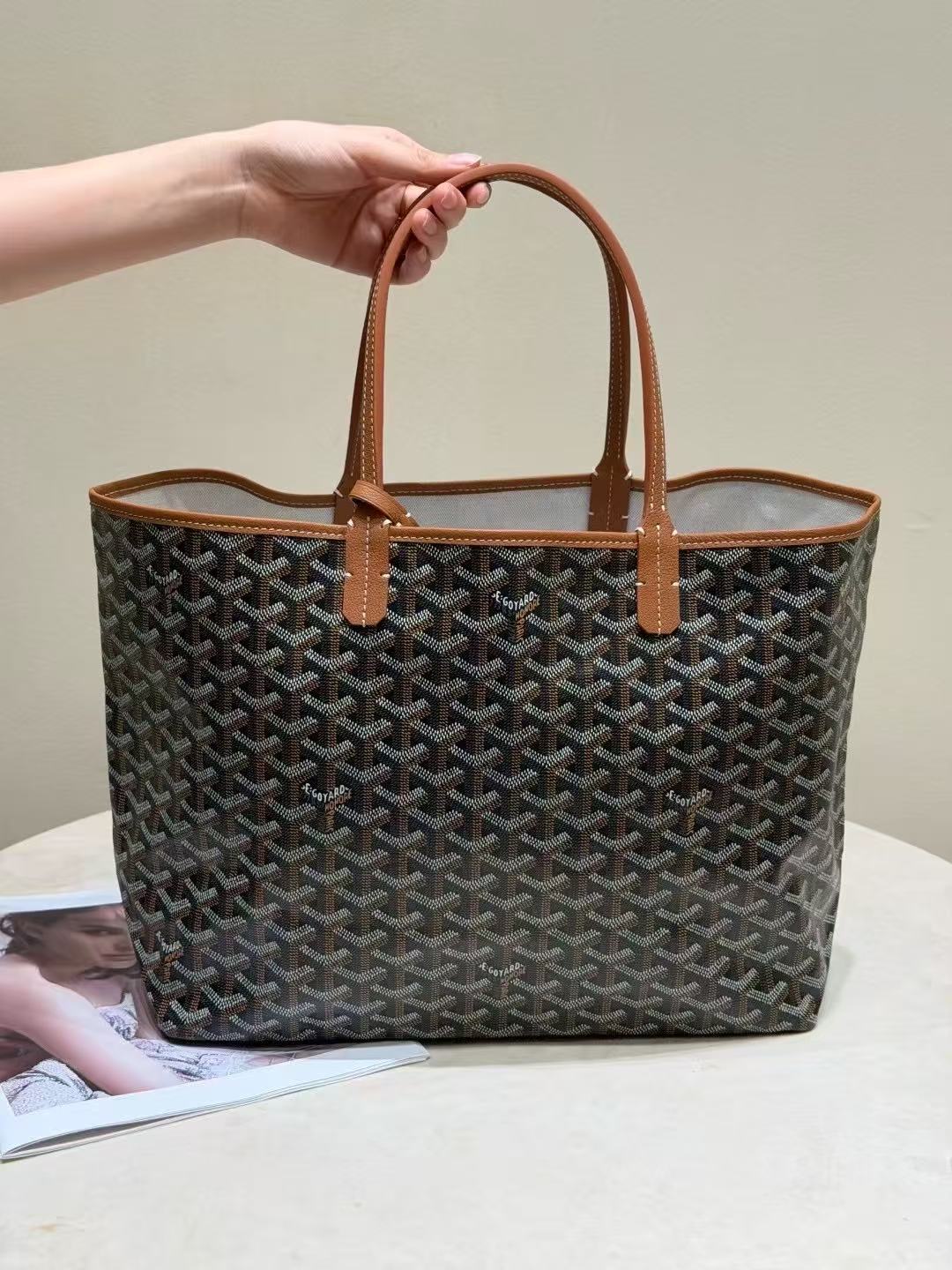 LOVESTAHL Reversible Green Monogram Canvas Shopping Tote Bag, Two Sizes GM & PM Calfskin Trim Shoulder Handbag