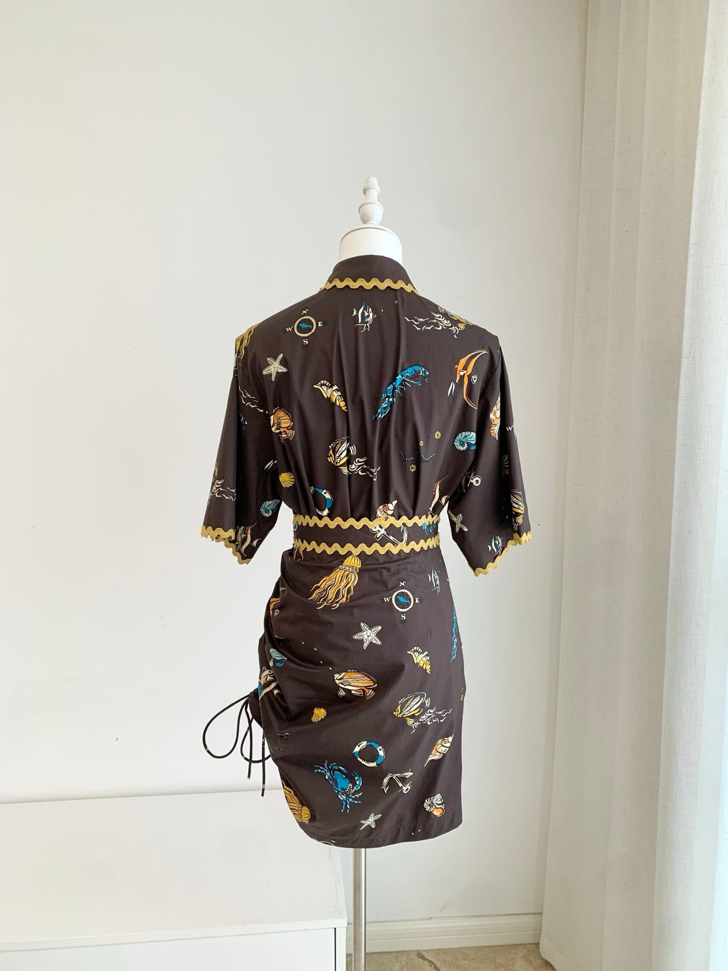 Lovestahl Viral Oceane Nautical Print Shirt Dress Gold Ric Rac Scallop Trim Belted Side Ruched Drawstring Vacation Mini Dress