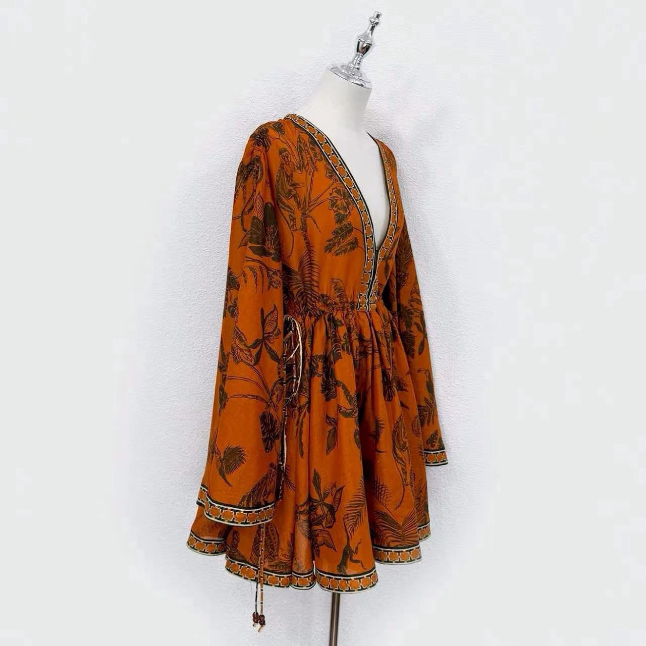 2026 Lovestahl Niche Hot Tropical Jungle Leaf Print Mini Dress Women Deep V Neck Bell Flare Sleeve Drawstring Waist 100% Ramie Loose Bohemian Vacation Short Dress Sizes 6-12 In Stock