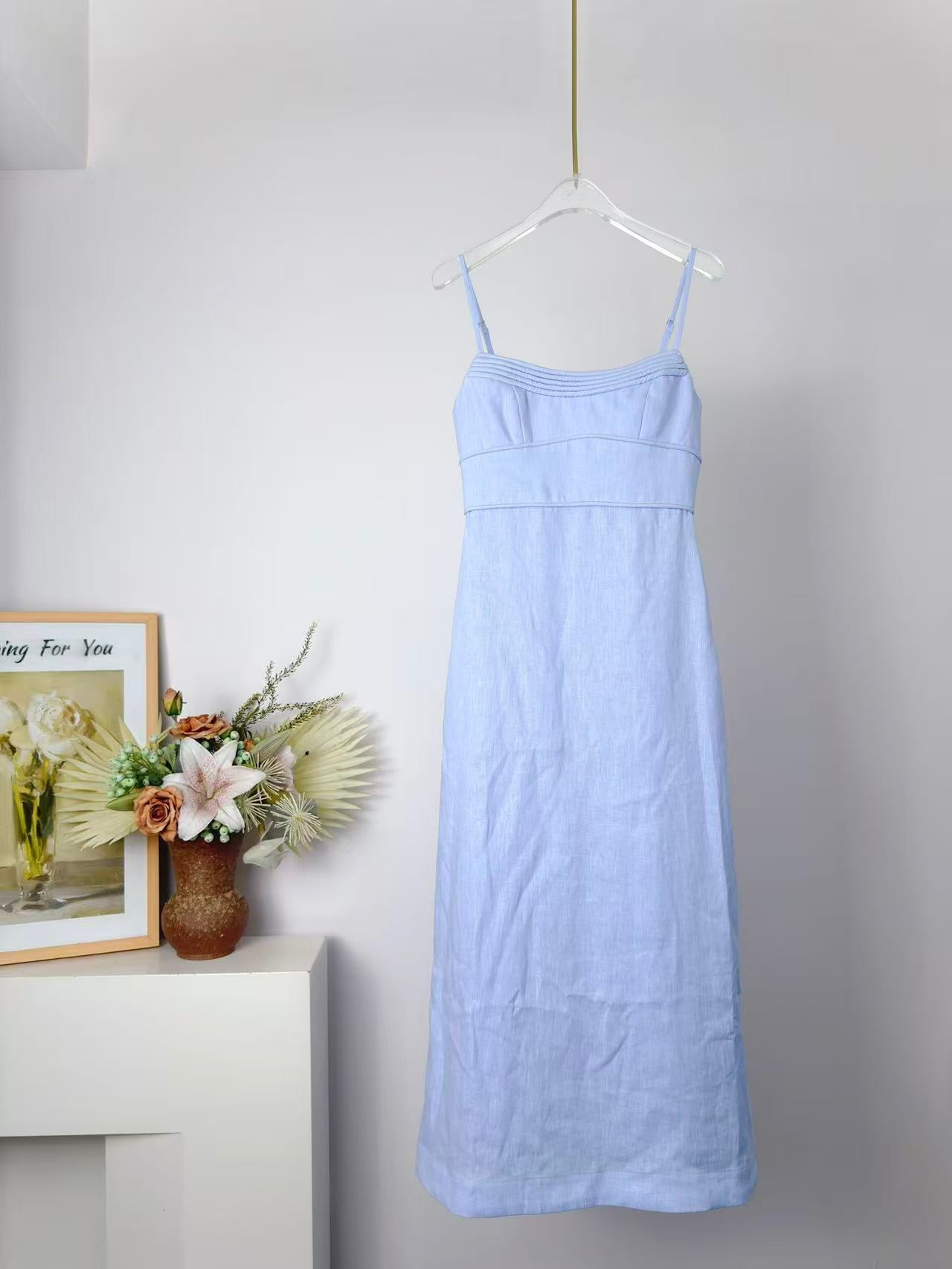Lovestahl 100% Linen Dusk Purple Midi Slip Dress Women Thin Spaghetti Strap Pleated Bust Slim Elegant Summer Long Dress