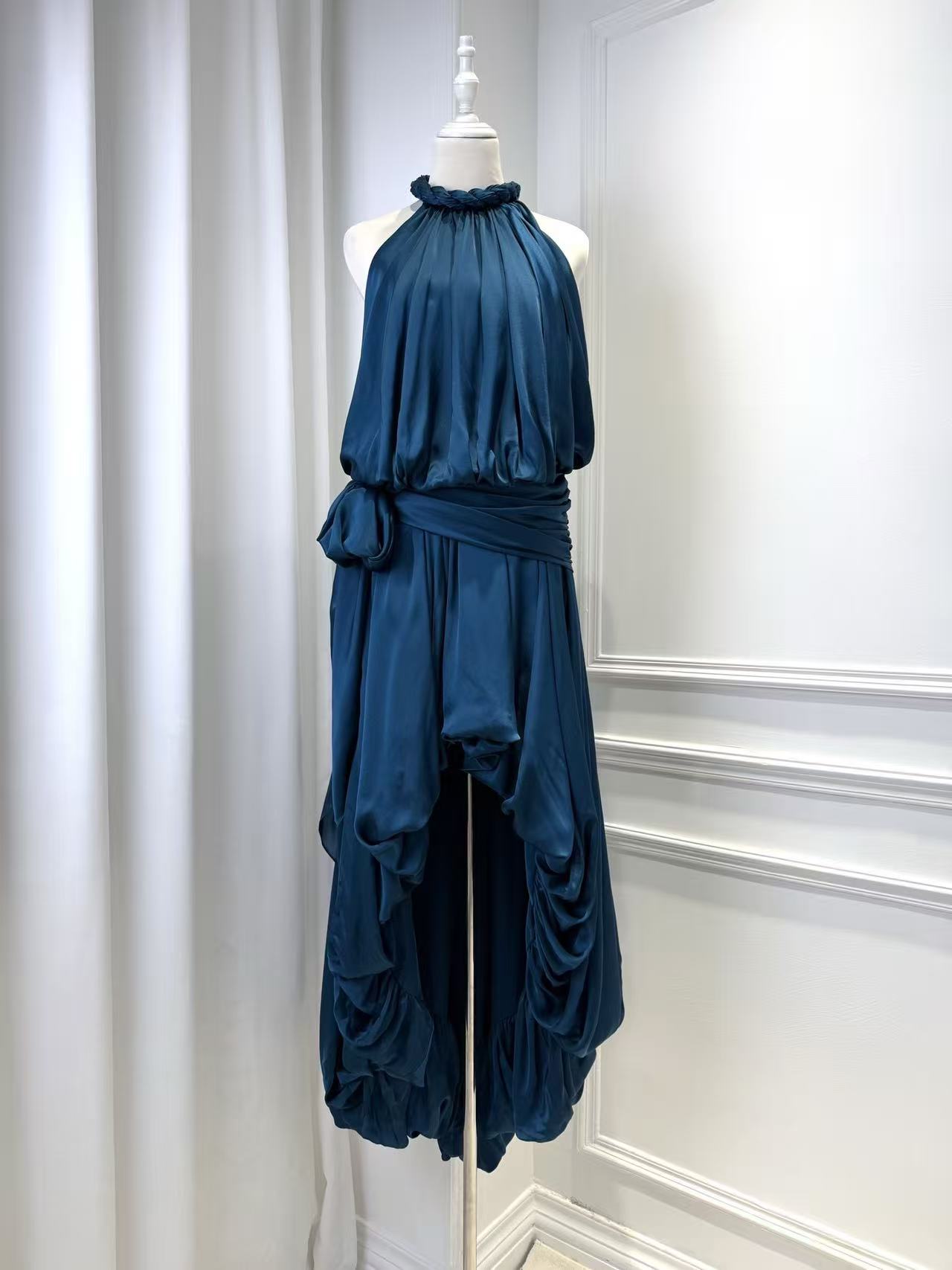Lovestahl Frilled Halter Satin Maxi Dress Women Elastic Waist Self Tie Belt Gown Irregular Ruched Layered Long Dress Wedding Guest Formal Evening Party Dress