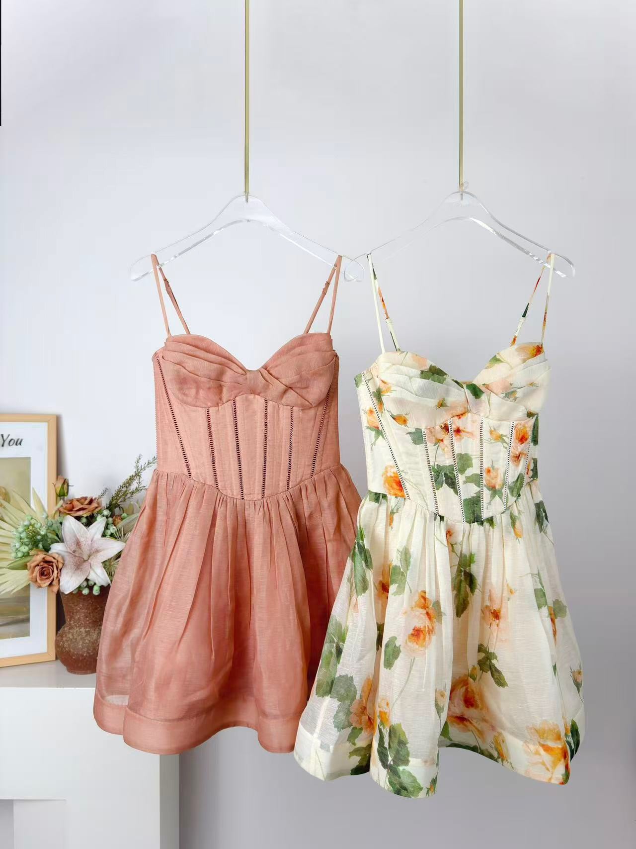 Lovestahl Summer Romantic Mini Dress Sweetheart Spaghetti Strap Hollow Corset Bust Flowy A Line Skirt Floral