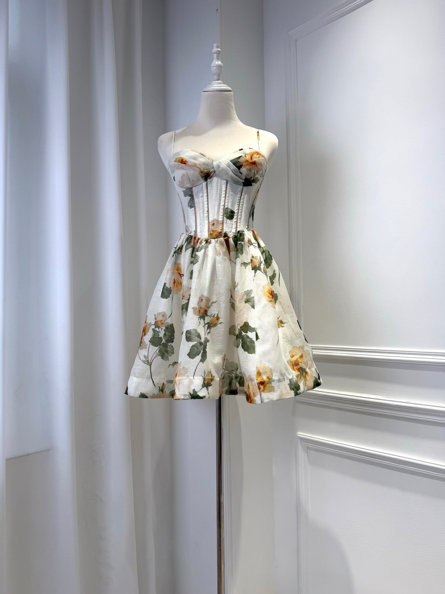 2026 WOMEN Lovestahl Yellow Rose Floral Print Corset Mini Dress Women Thin Spaghetti Strap Bow Bust Structured Waist Flare Skirt Summer Short Dress Sizes 0/1/2/3 In Stock