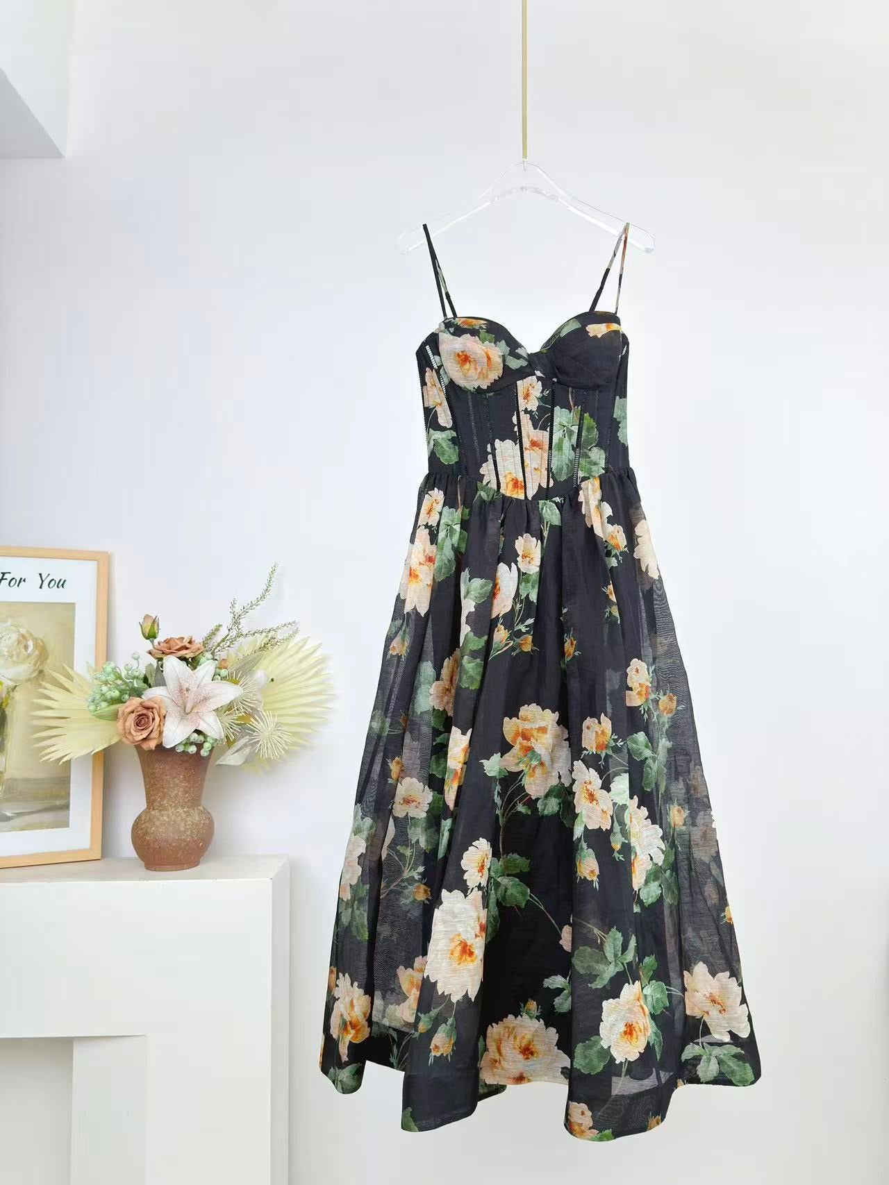 Lovestahl 52% Linen 48% Silk Black Rose Floral Corset Midi Dress Women Spaghetti Strap Sweetheart Hollow Out Bust Flowy A Line Vacation Sundress Style