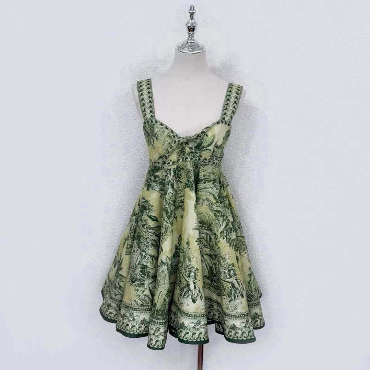 2026 women lovestahl Lovestahl Women Vintage Green Jungle Landscape Print Mini Dress Sweetheart Neck Wide Strap High Waist A Line Flare Short Sundress Retro Vacation Cocktail Dress