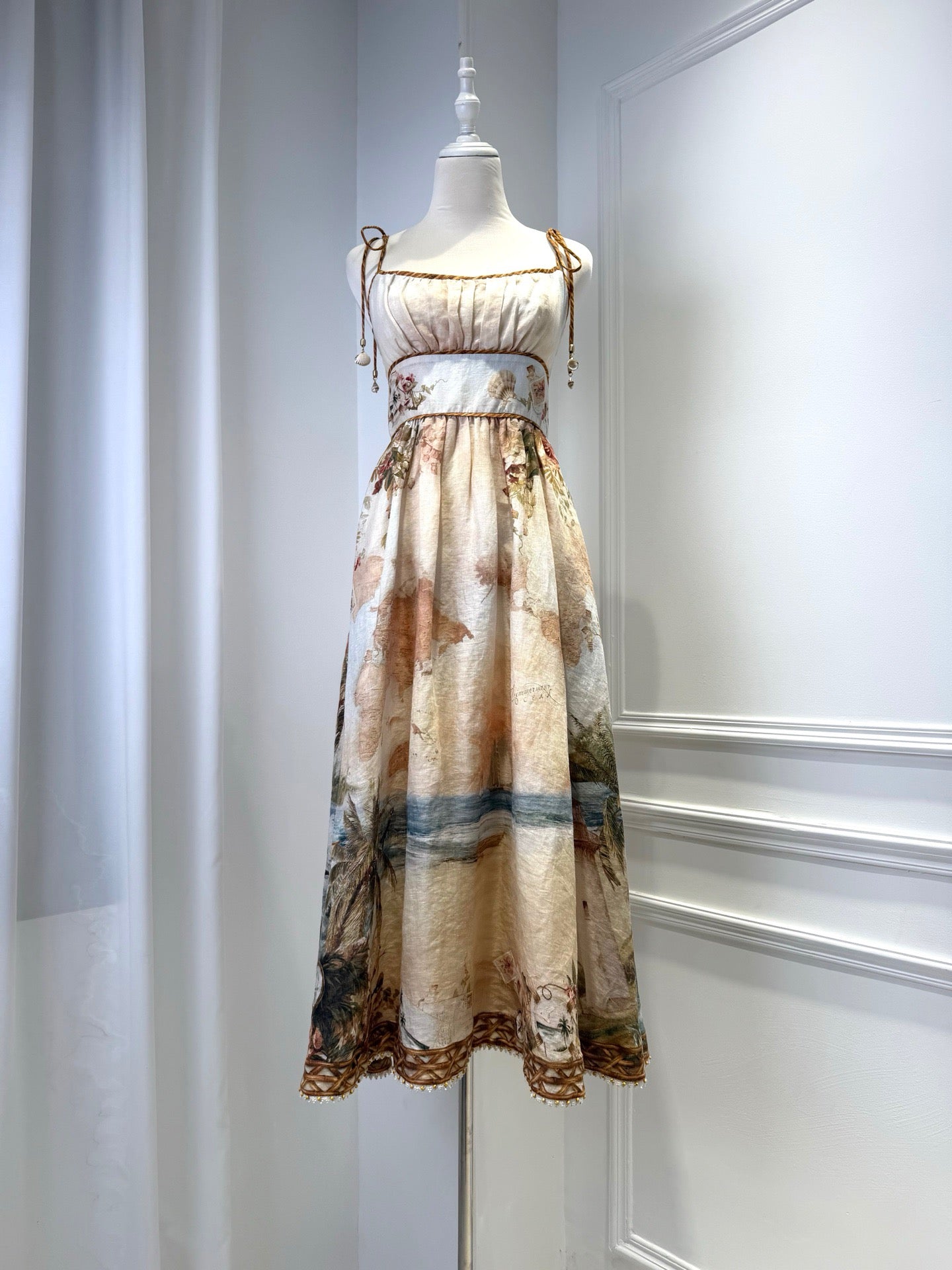Lovestahl Vintage Tropical Seaside Map Print Spaghetti Strap Midi Dress Women Beaded Tie Shoulder High Waist Flowy A Line Long Dress Retro Vacation Beach Chiffon Sundress