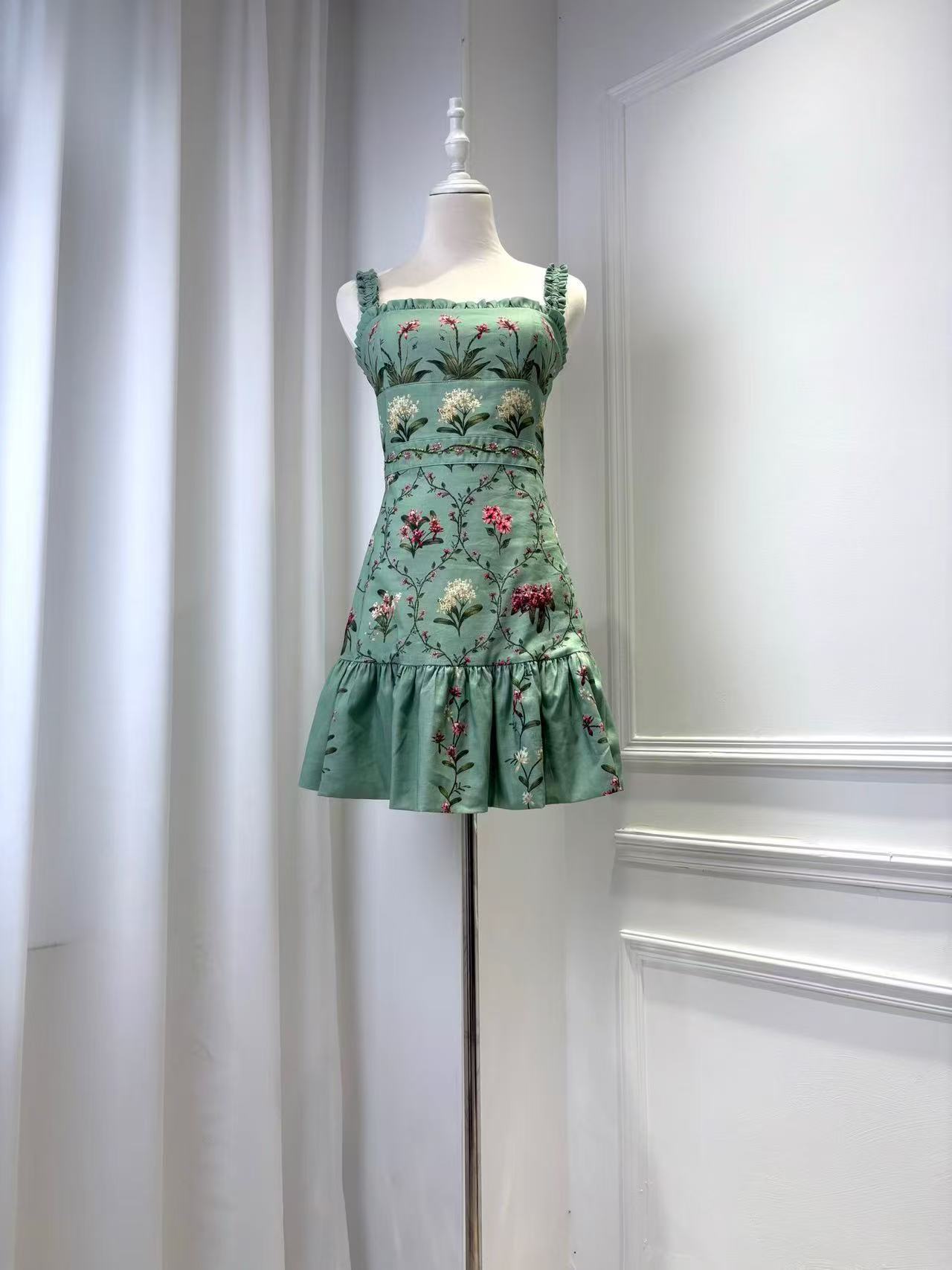 Lovestahl Runway Linen Botanical Print Mini Dress Shirred Frill Straps Square Neck Gathered Waist Flounce Ruffle Hem Vacation Dress