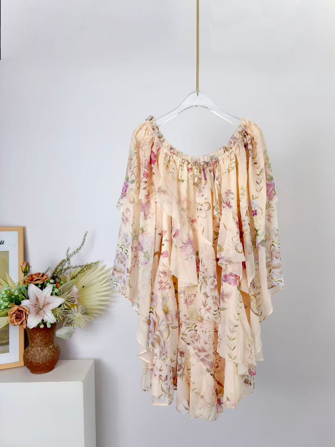 Australian Designer LOVESTAHL 100% Silk Off Shoulder Mini Dress Women Vintage Position Floral Print Elastic Bardot Bell Sleeve Asymmetrical Waterfall Ruffle Vacation Flowy Dress