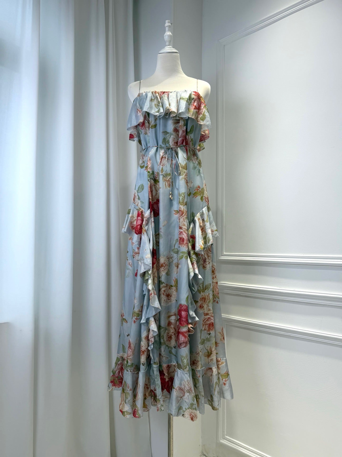 Lovestahl Women Sky Blue Watercolor Rose Floral Spaghetti Strap Maxi Dress Double Ruffle Neck Drawstring Waist Irregular Tiered Ruffle Hem Flowy Chiffon Vacation Long Gown