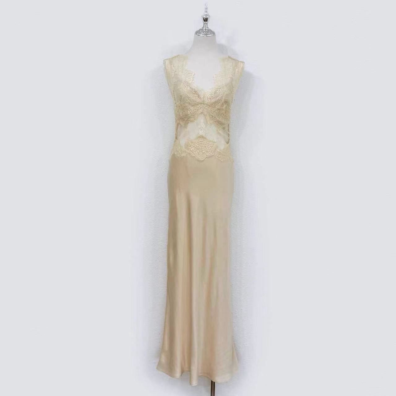 2026 women Lovestahl Women Sleeveless V Neck Hollow Lace Cutout Silk Satin Maxi Slip Dress