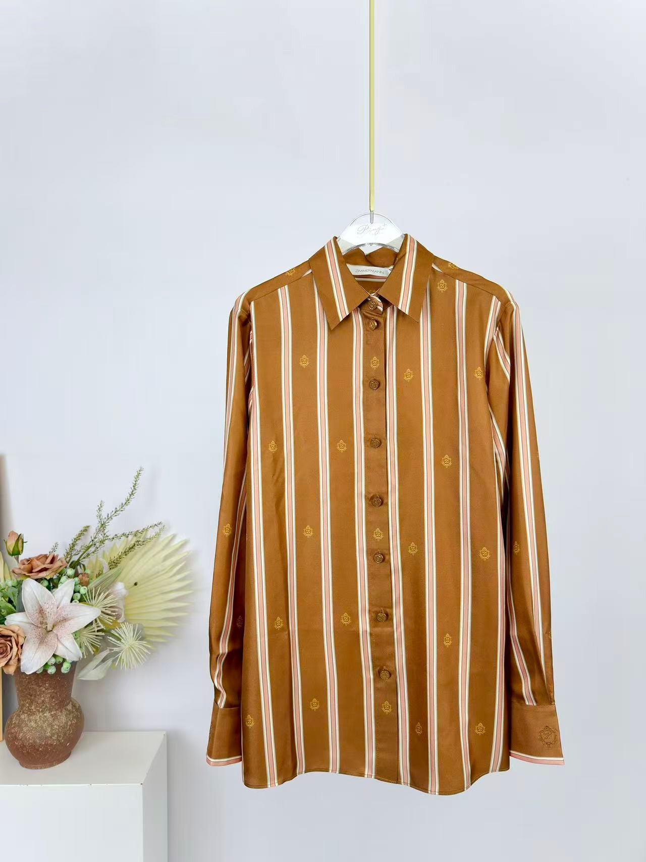 Lovestahl Spring Ready-To-Wear 100% Silk Long Sleeve Shirt Women Brown Stripe Logo Print Relaxed Fit Tall Collar Double Fold Cuff Embroidered Casual Blouse Style
