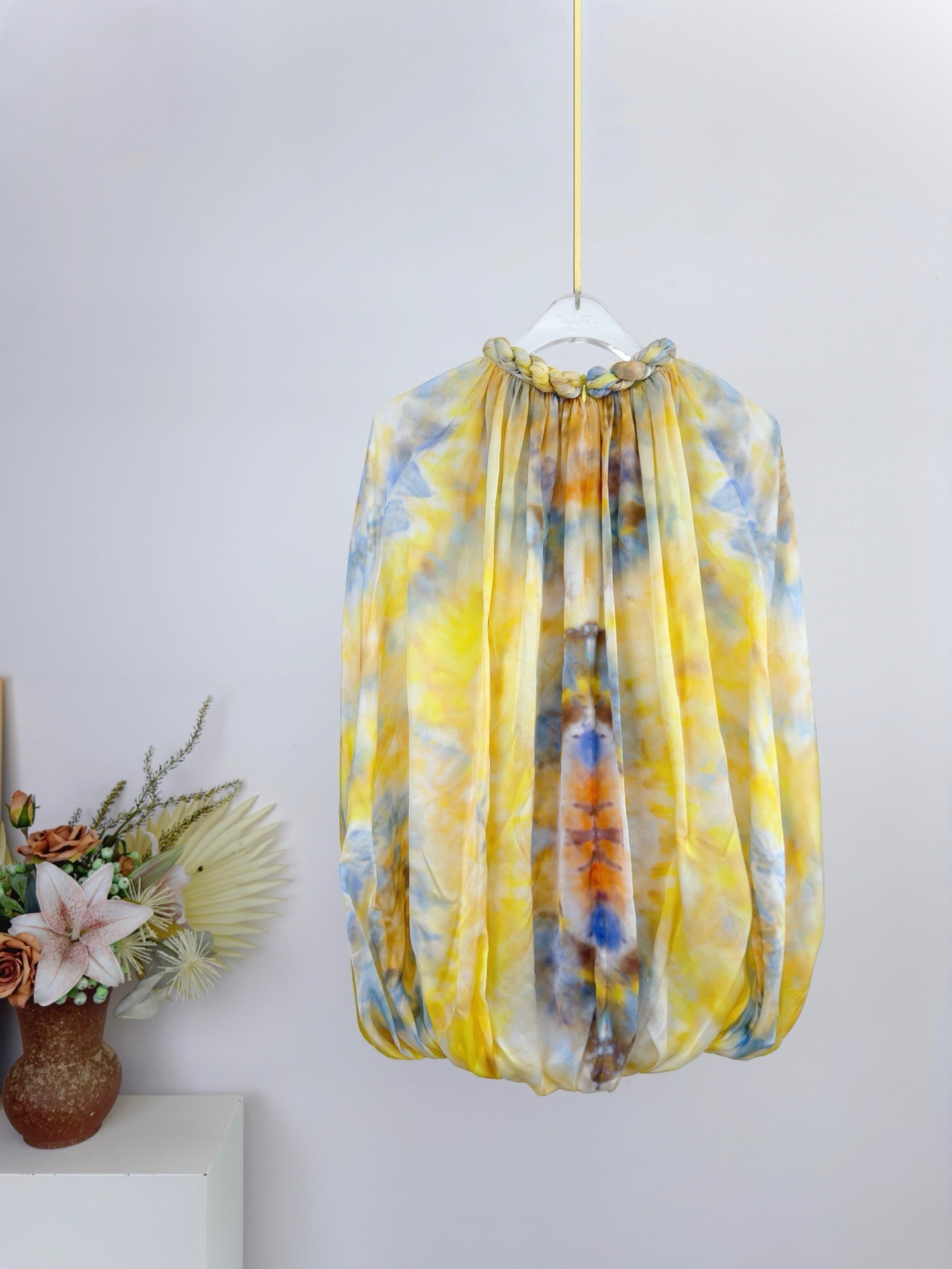 Lovestahl Runway Yellow Tie Dye Playsuit Women Braided Twisted Halter Keyhole Cutout Oversized Side Slit Long Sleeve Bubble Hem Ruffle Shorts Bohemian Beach Romper