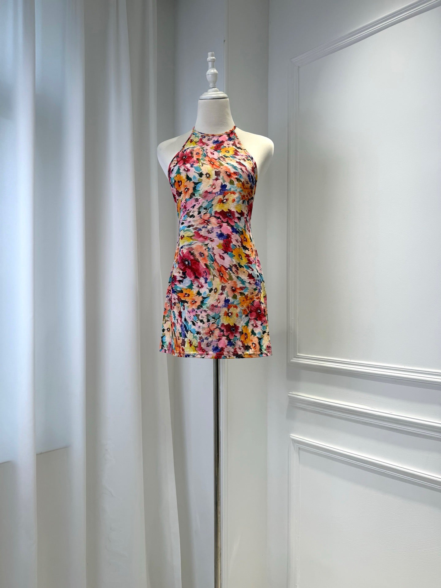 2026 women Lovestahl Women Colorful Floral Sleeveless Mini Dress High Neck Lace Ruffle Hem Loose Shift Short Dress Summer Beach Holiday Sundress