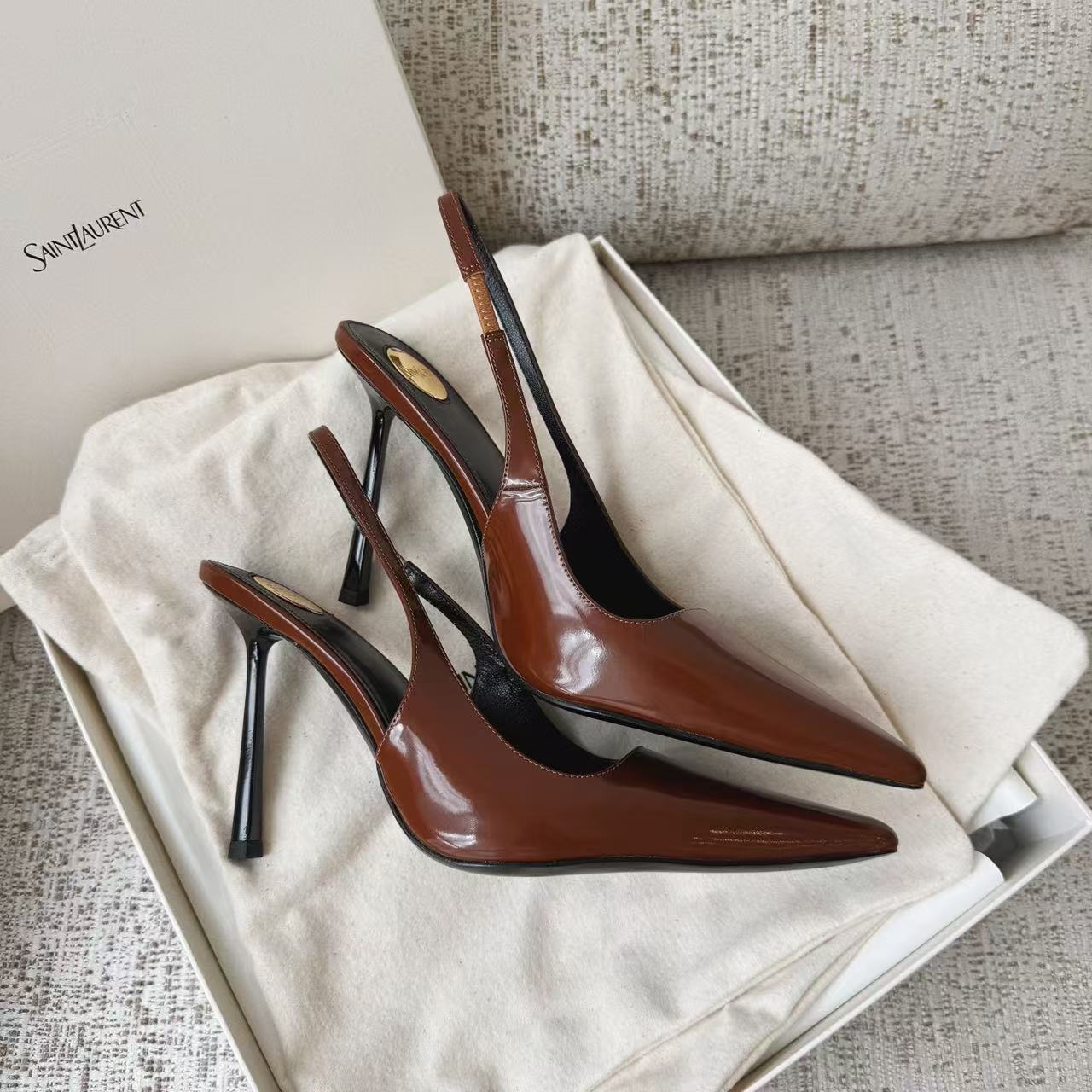LOVESTAHL Women Glossy Patent‑Leather Sling‑back Pumps, Pointed‑Toe Thin Stiletto Heels, Adjustable Back‑Strap Elegant Party Dress Shoes