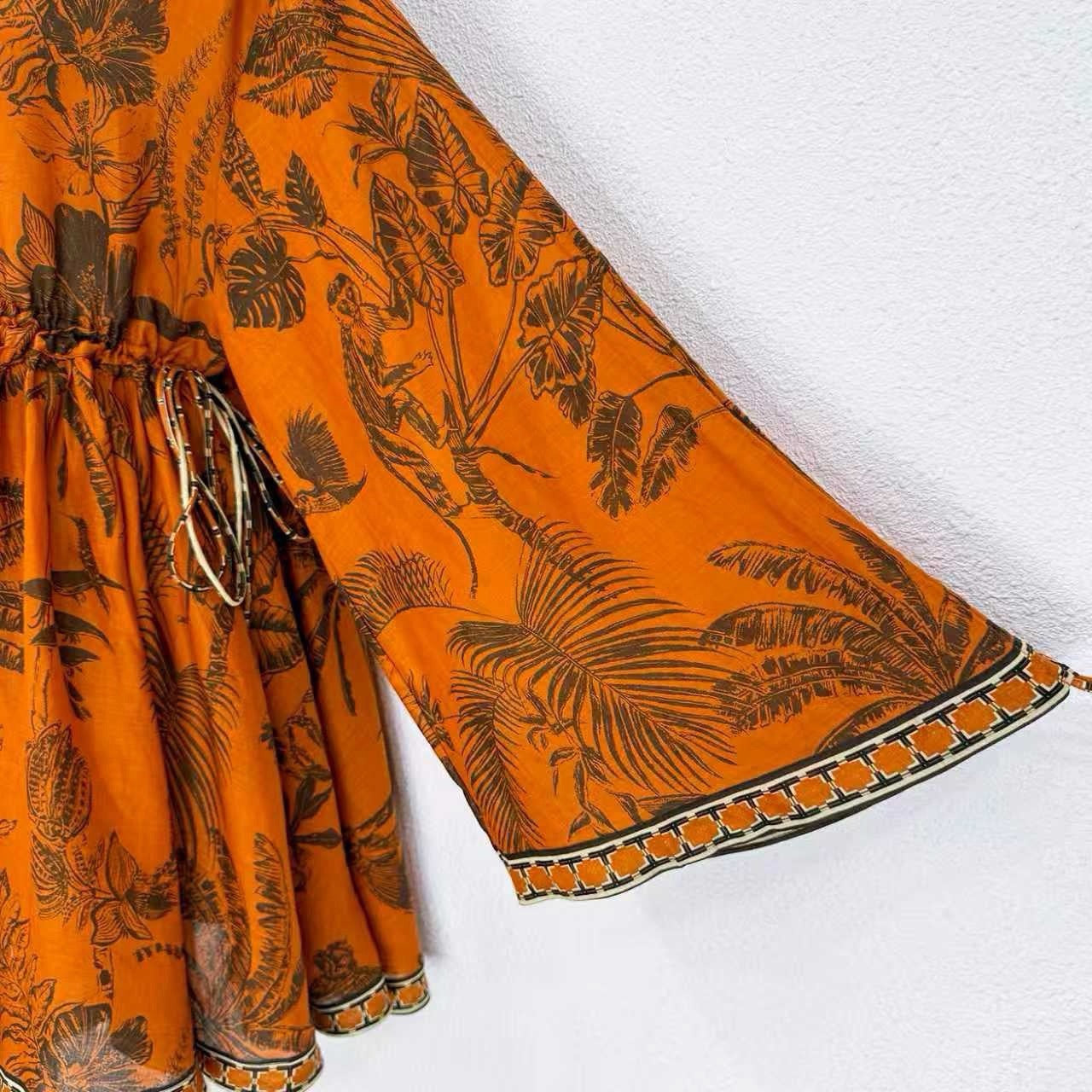 2026 Lovestahl Niche Hot Tropical Jungle Leaf Print Mini Dress Women Deep V Neck Bell Flare Sleeve Drawstring Waist 100% Ramie Loose Bohemian Vacation Short Dress Sizes 6-12 In Stock
