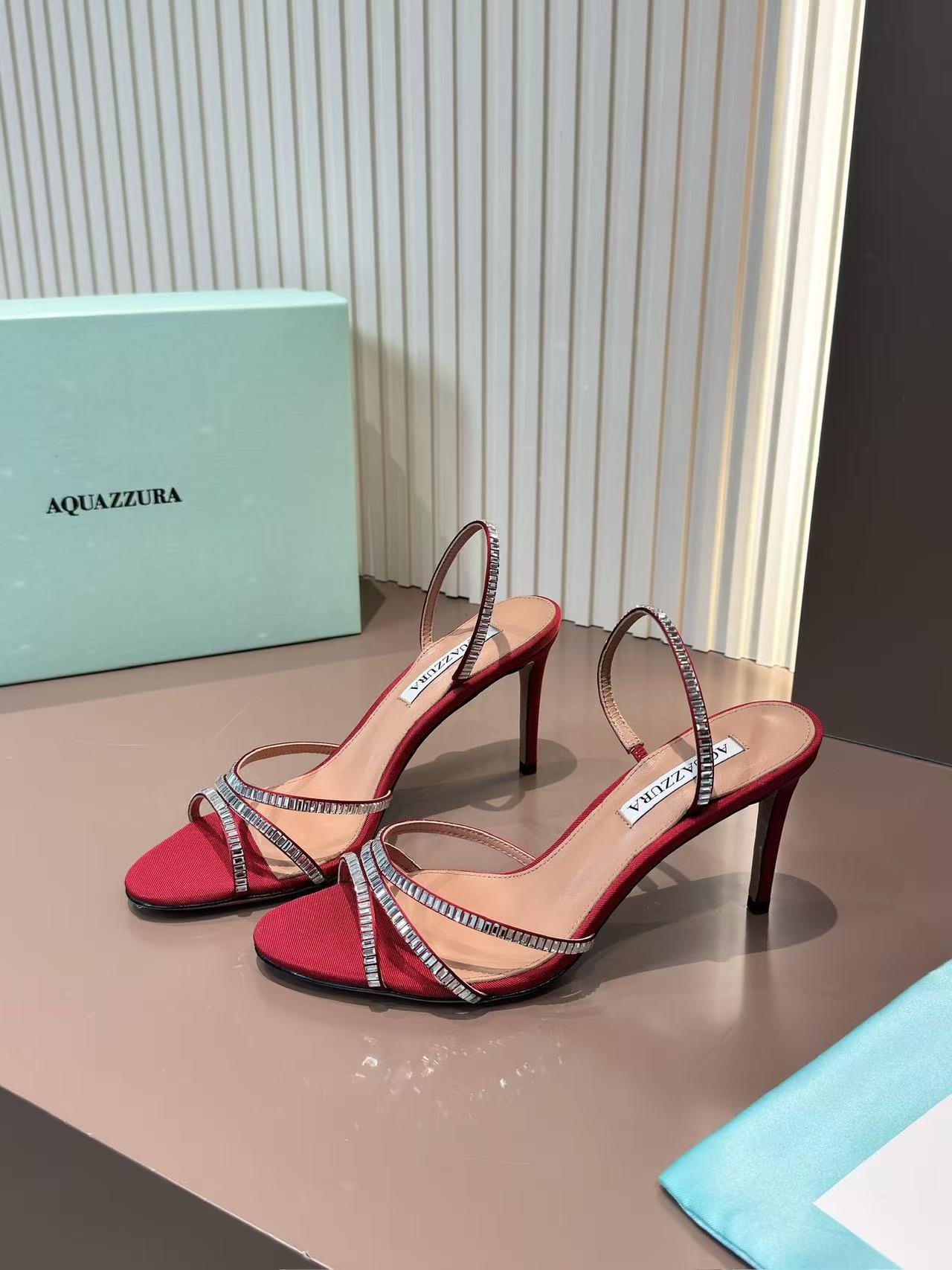 LOVESTAHL Tell Me Crystal Multi-Strap Satin Ankle Strap Sandals 8.5cm Slim Stiletto Italian Genuine Leather Outsole 5 Colors Women Cocktail Evening Heels