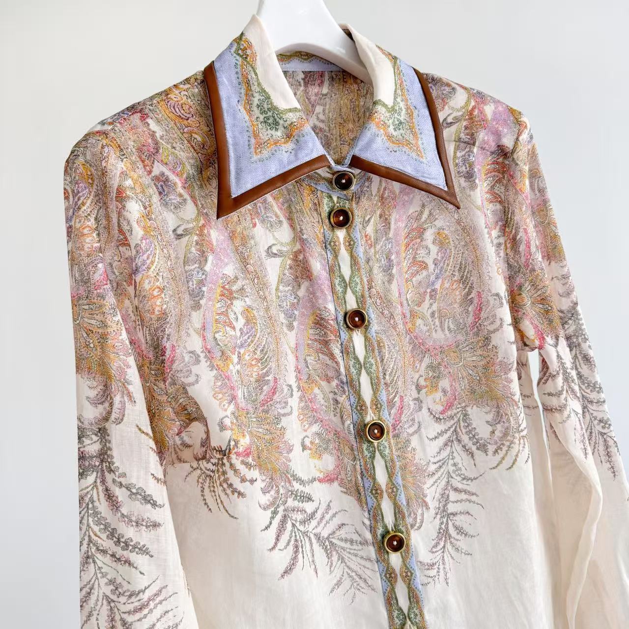Lovestahl Vintage Paisley Print Shirt Midi Dress Women Lapel Collar Long Sleeve Leather Trim Pocket Belted Waist Elegant Vacation Mid-Calf Dress Sizes 0/1/2/3 In Stock