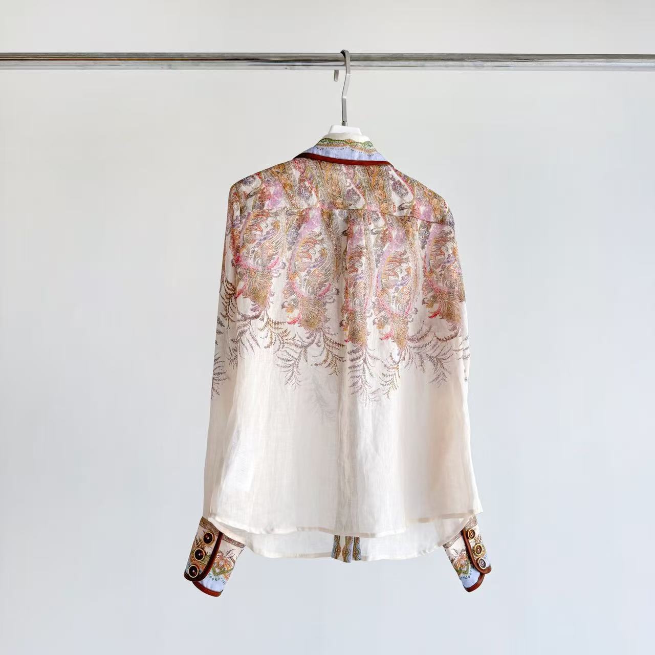 Lovestahl Vintage Paisley Print Shirt Midi Dress Women Lapel Collar Long Sleeve Leather Trim Pocket Belted Waist Elegant Vacation Mid-Calf Dress Sizes 0/1/2/3 In Stock