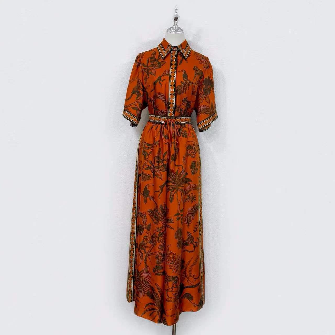 2026 WOMEN Lovestahl Niche Hot Tropical Jungle Animal Print Shirt Maxi Dress Women Lapel Collar Short Sleeve Drawstring Waist Border Trim Bohemian Vacation Long Dress Sizes 6-12 In Stock