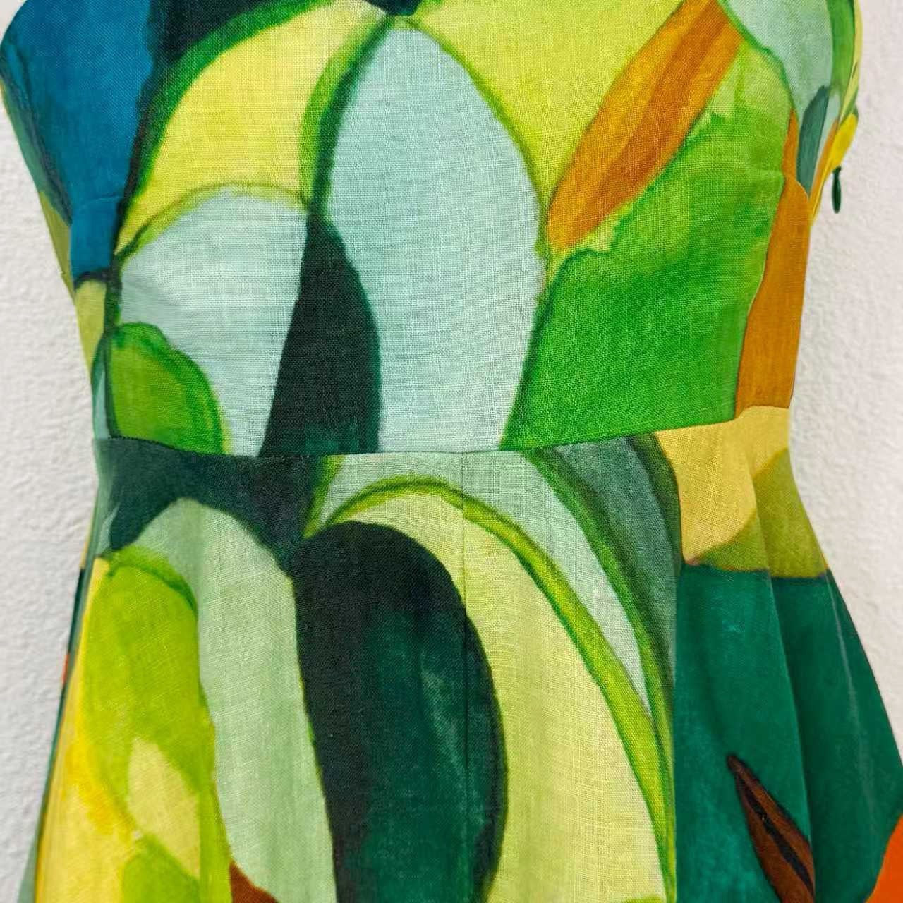 2026 WOMEN Lovestahl Niche Abstract Jungle Oil Print Slip Maxi Dress Women Thin Spaghetti Strap Elastic Bust 100% Linen Flowy A Line Long Resort Dress In Stock Size 6-12