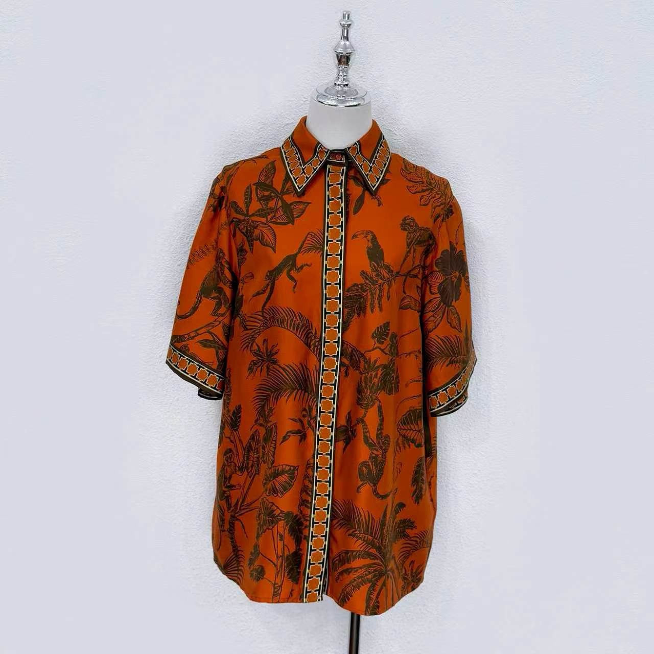 2026 WOMEN Lovestahl Niche Hot Tropical Jungle Animal Print Shirt Maxi Dress Women Lapel Collar Short Sleeve Drawstring Waist Border Trim Bohemian Vacation Long Dress Sizes 6-12 In Stock