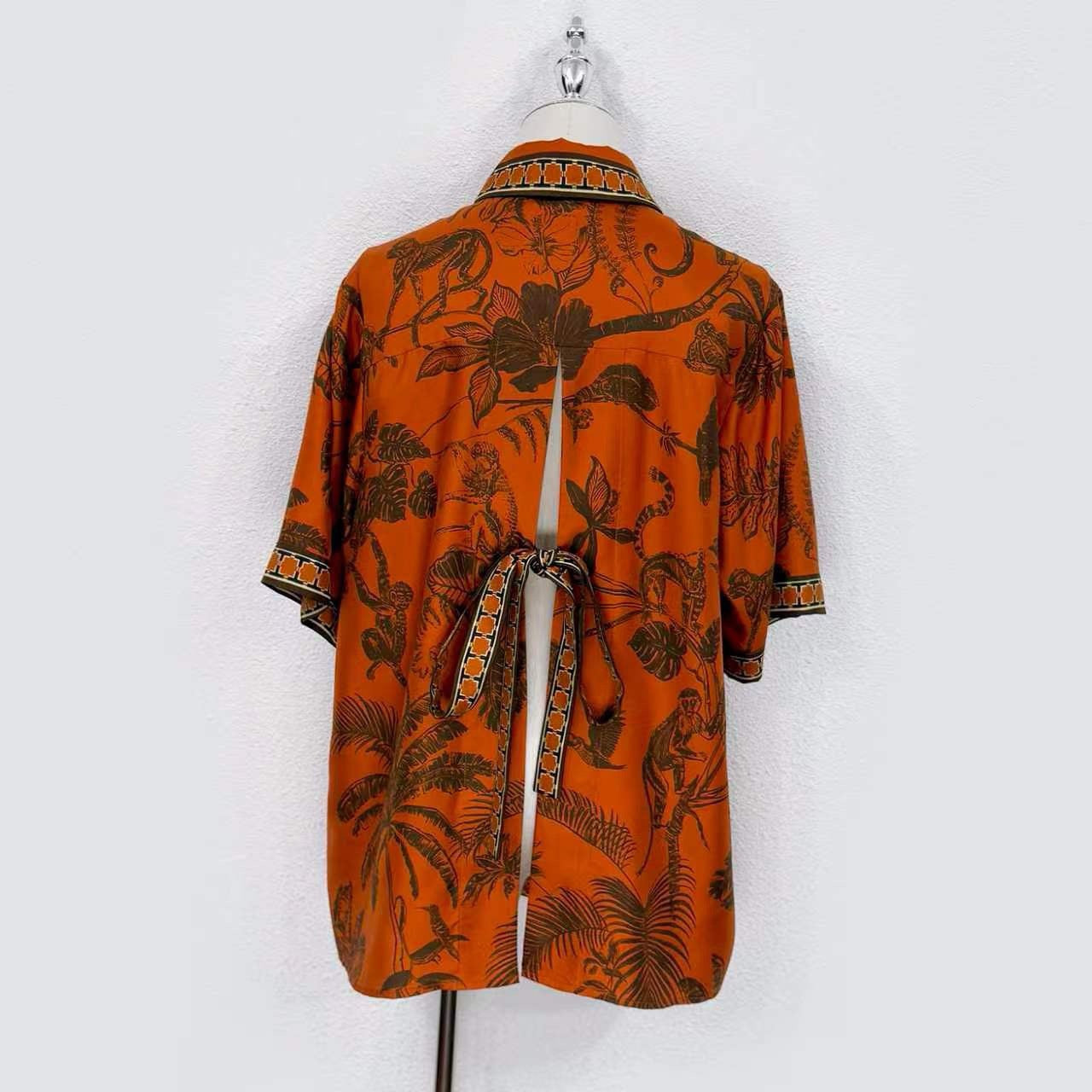 2026 WOMEN Lovestahl Niche Hot Tropical Jungle Animal Print Shirt Maxi Dress Women Lapel Collar Short Sleeve Drawstring Waist Border Trim Bohemian Vacation Long Dress Sizes 6-12 In Stock