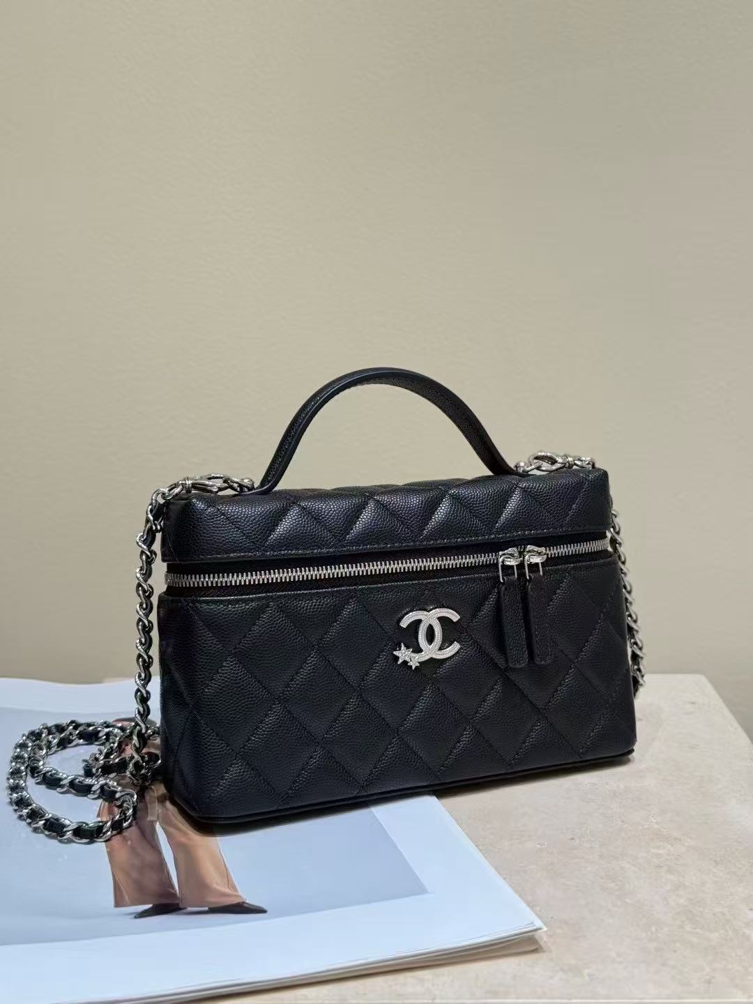 LOVESTAHL 25B Autumn Collection Black Haas Caviar Calfskin Vanity Box Bag, Detachable Silver Star Meteor Chain Handheld Crossbody Makeup Case Bag Model AP4854
