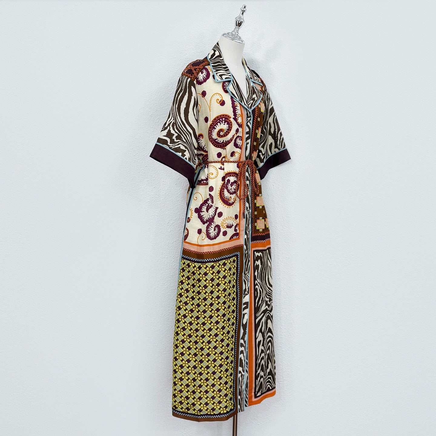 2026 WOMEN Lovestahl Wilson Patchwork Mixed Print Silk Linen Shirt Maxi Dress Women Lapel Short Sleeve Self Tie Waist Long Dress With Separate Cotton Slip Liner Luxury Resort Two Piece Dress Size 6-12 Ready To Ship