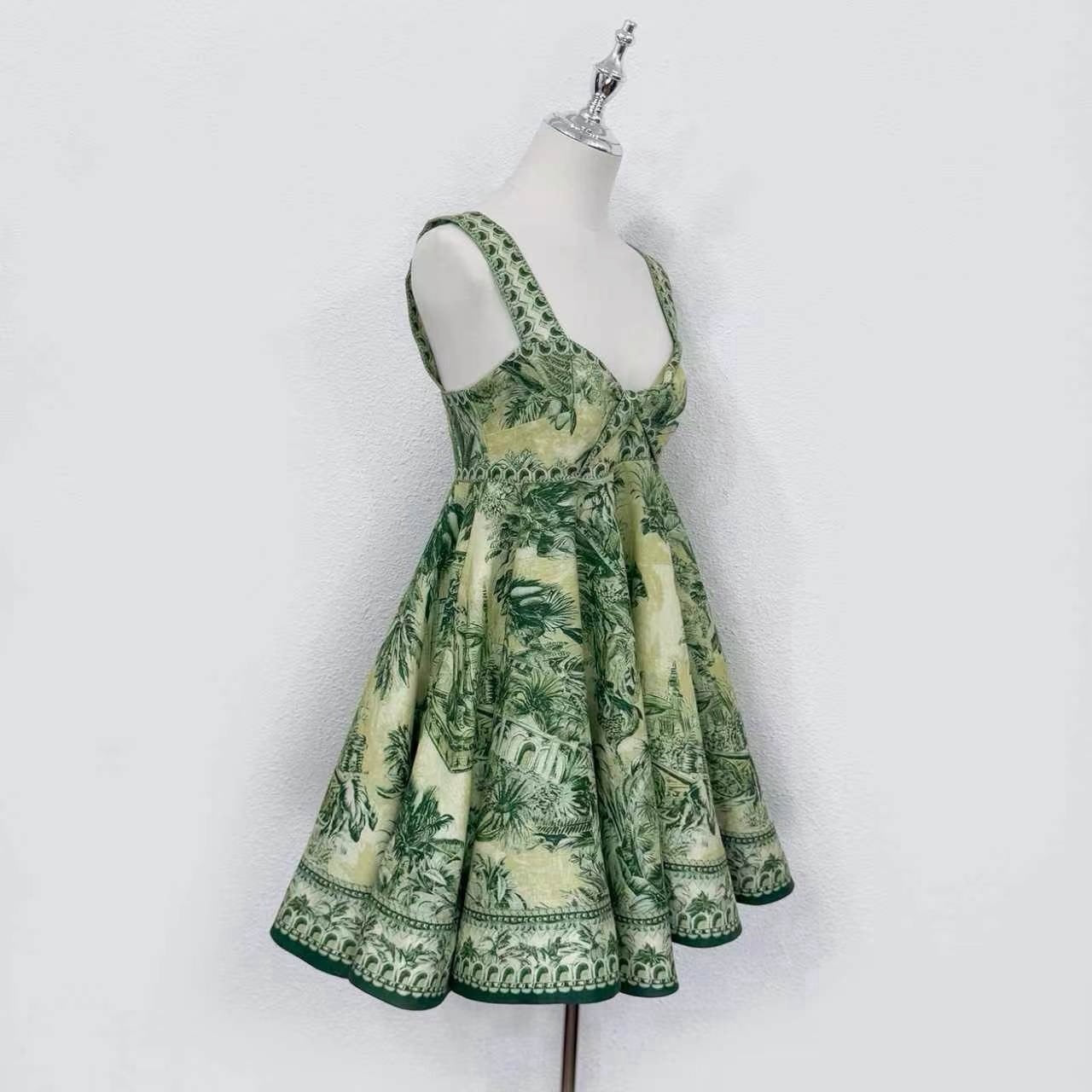 2026 women lovestahl Lovestahl Women Vintage Green Jungle Landscape Print Mini Dress Sweetheart Neck Wide Strap High Waist A Line Flare Short Sundress Retro Vacation Cocktail Dress