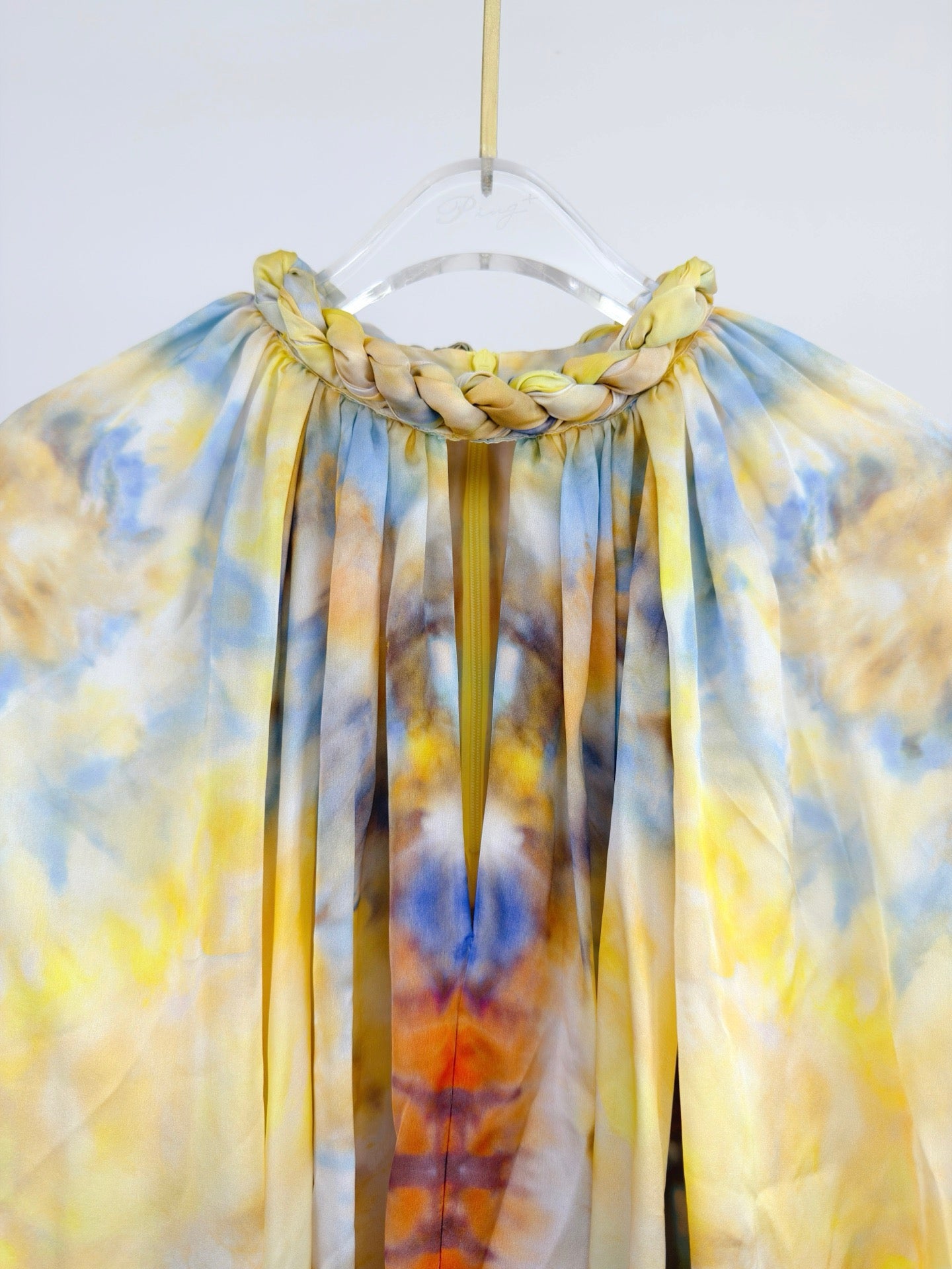 Lovestahl Runway Yellow Tie Dye Playsuit Women Braided Twisted Halter Keyhole Cutout Oversized Side Slit Long Sleeve Bubble Hem Ruffle Shorts Bohemian Beach Romper
