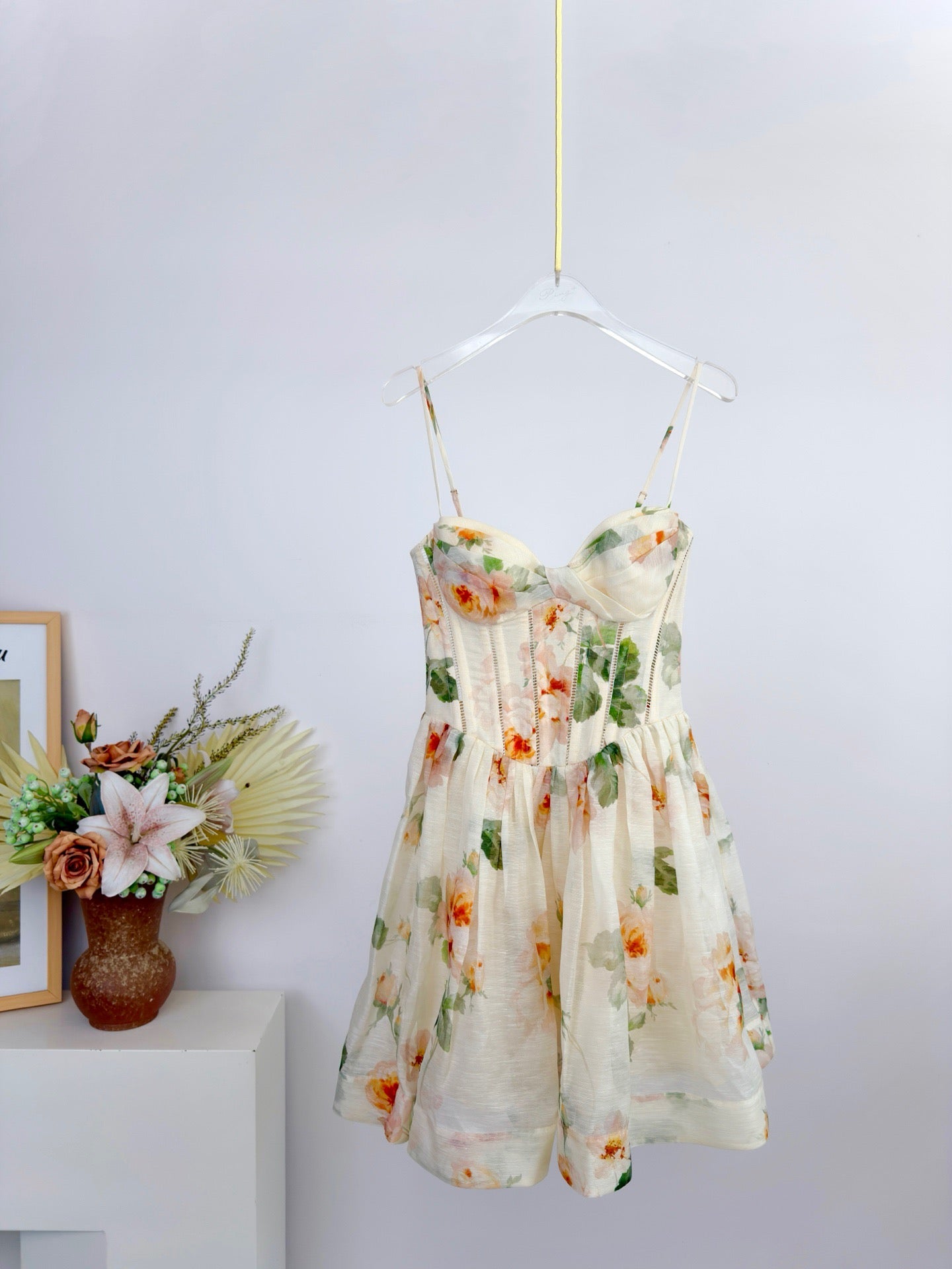 Lovestahl Summer Romantic Mini Dress Sweetheart Spaghetti Strap Hollow Corset Bust Flowy A Line Skirt Floral