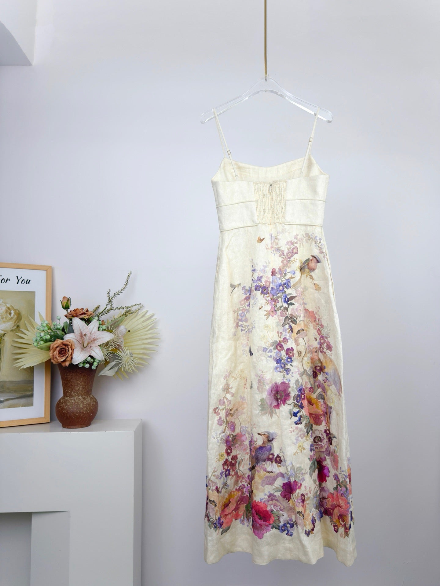 Lovestahl 100% Linen Vintage Bird Floral Print Midi Slip Dress Women Thin Spaghetti Strap Slim Bodycon Elegant Holiday Long Dress