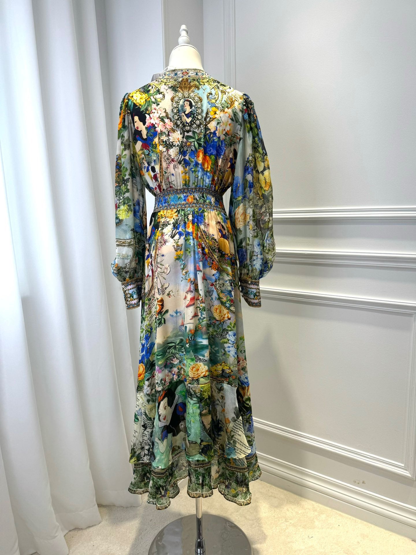 2026 WOMEN LOVESTAHL Fairytale Garden Print Maxi Dress Women Deep V Neck Rhinestone Trim Puff Long Sleeve High Waist Ruffle Hem Vacation Long Dress
