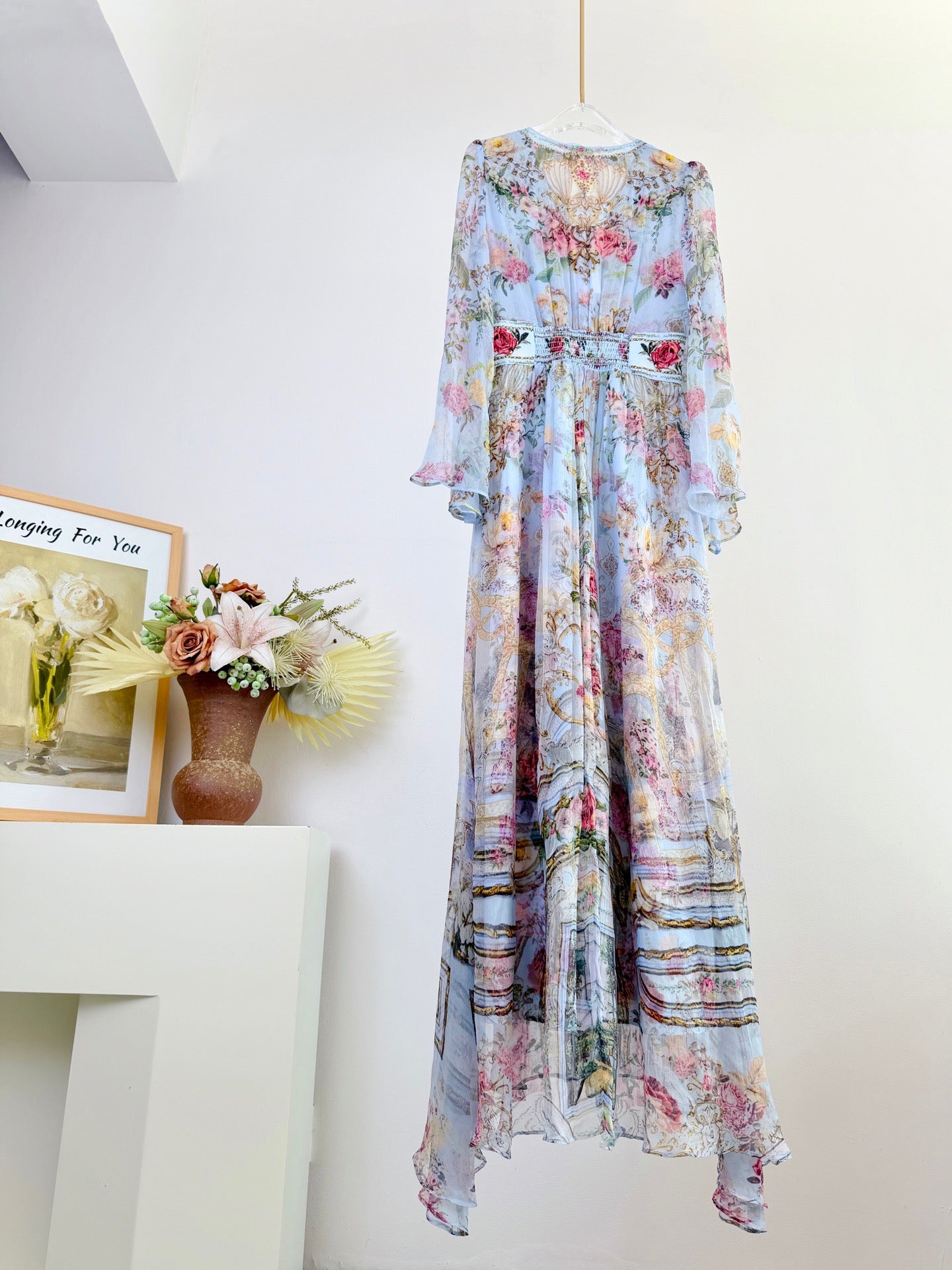 Lovestahl Runway Collection 100% Silk Maxi Dress Women Deep V Flared Bell Sleeve Matching Waist Belt Hand Crystal Rhinestone Vintage Floral Print Fitted Long Party Dress