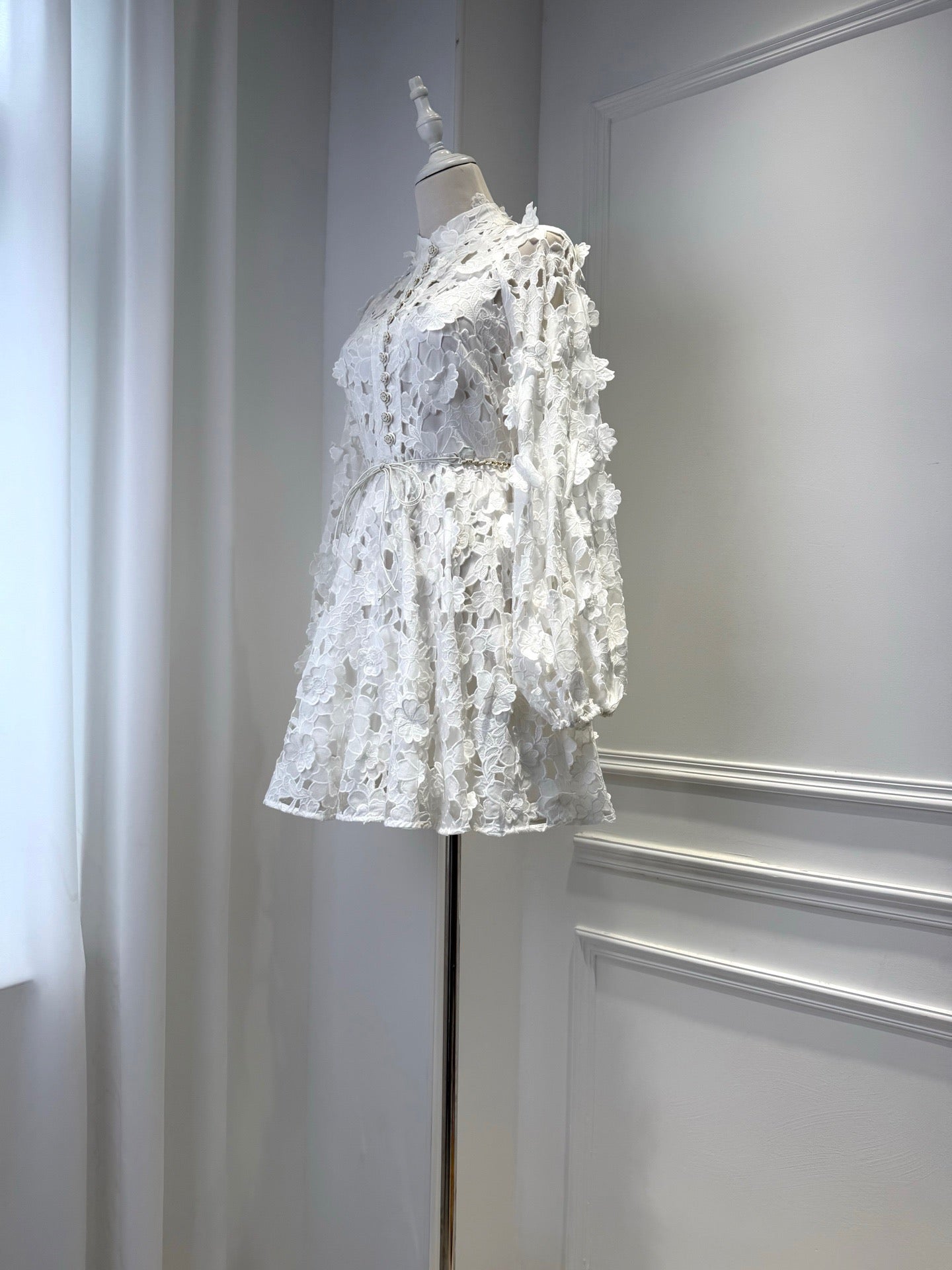 Lovestahl Dreamy White 3D Floral Hollow Lace Mini Dress With Lantern Puff Sleeves And Adjustable Drawstring Waist Perfect For Bridal Shower Beach Wedding