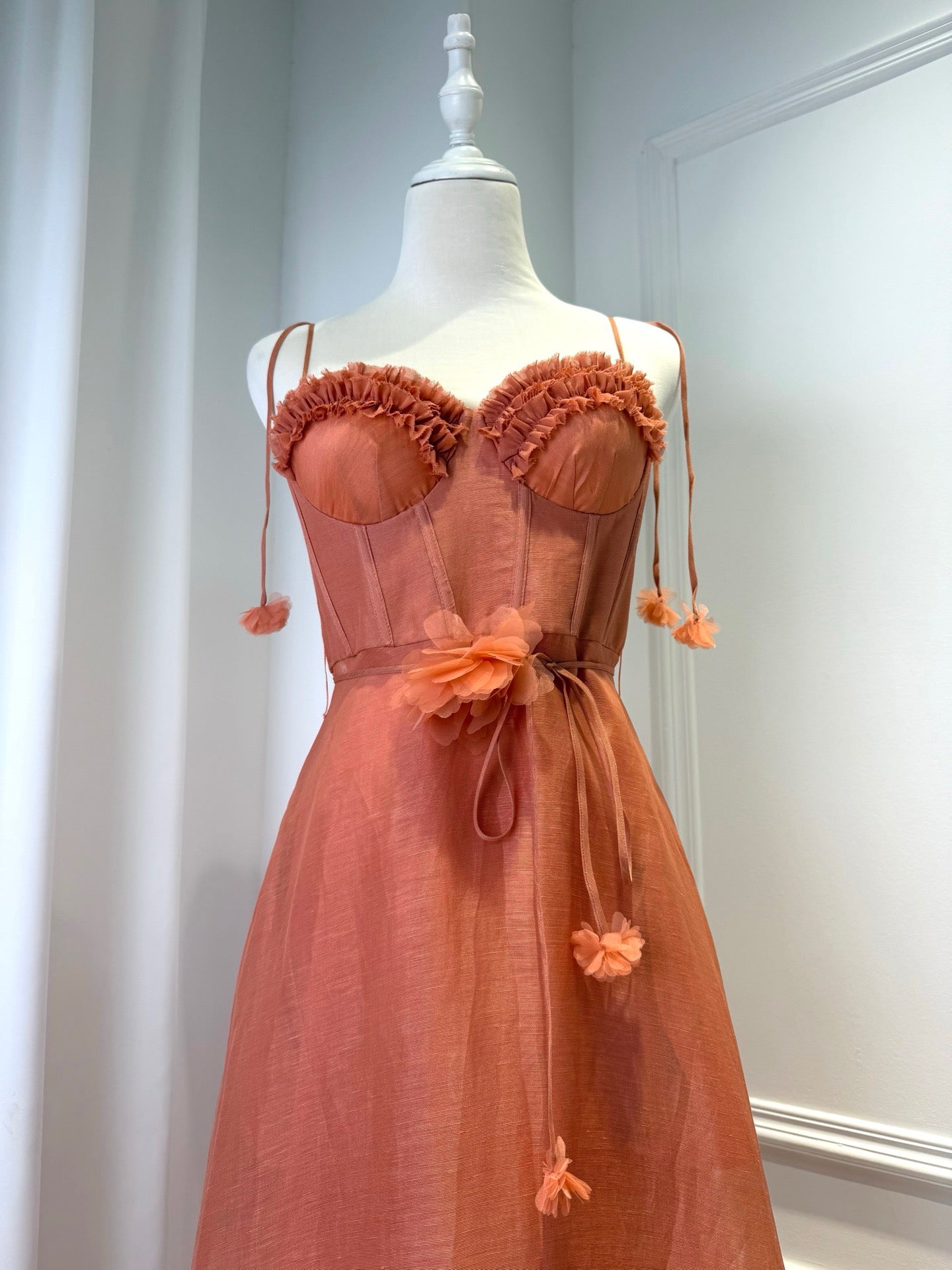 2026 women Vintage Sheer A-Line Midi Dress, Frill Neck & Hem Floral Waist Tie Formal Dress Lovestahl