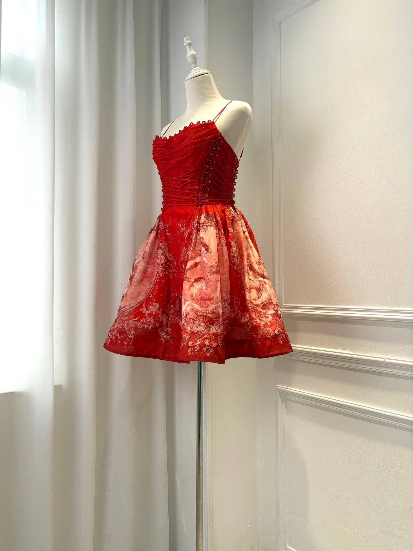 Lovestahl Women Red Floral Print Mini Party Dress Thin Spaghetti Strap Ruffle Neck Lace Up Corset Waist A Line Short Prom Dress Elegant Wedding Guest Evening Cocktail Dresses