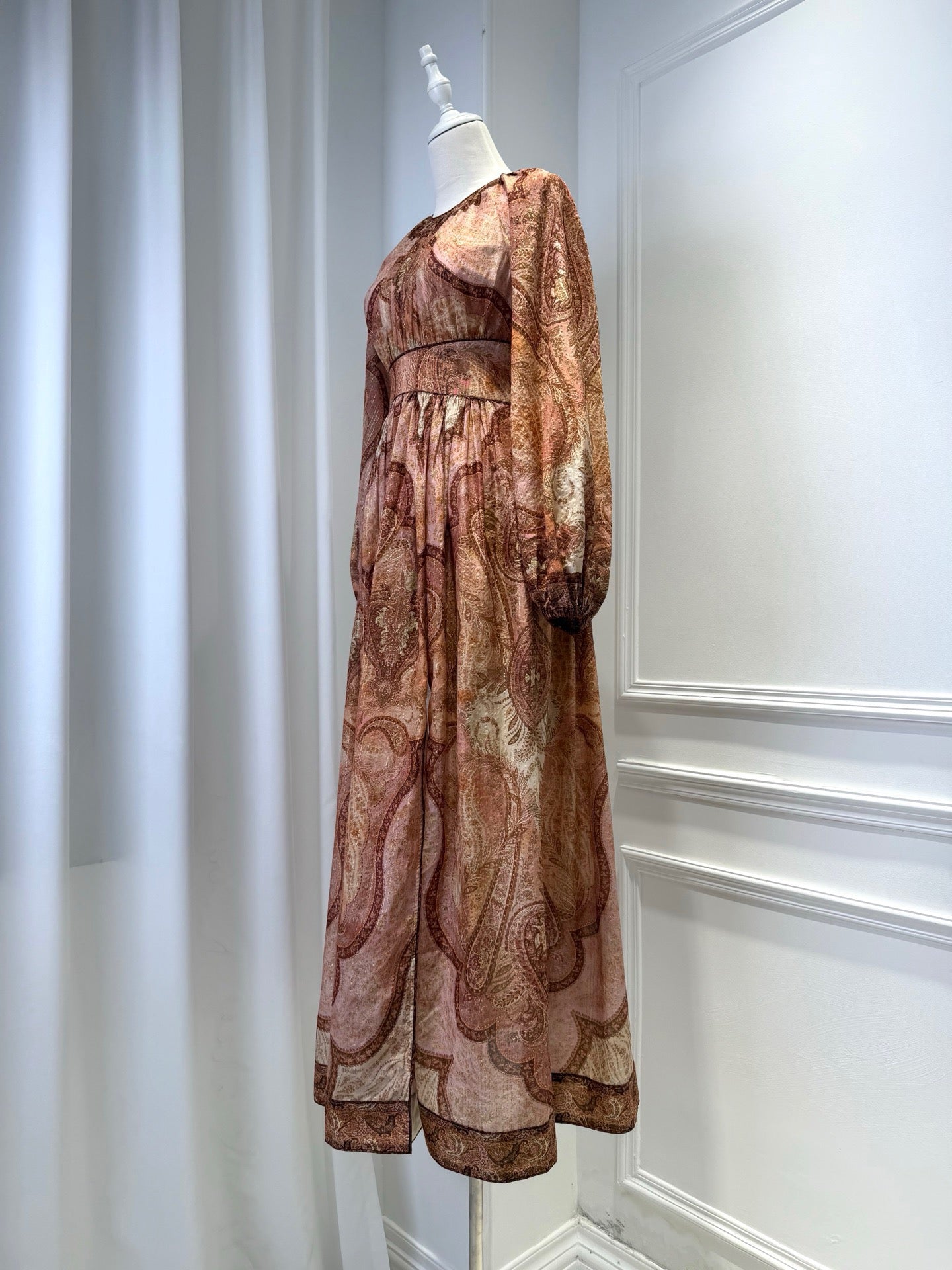 2026 women Lovestahl Women Vintage Brown Paisley Print Maxi Dress Round Neck Lantern Long Sleeve High Waist Flowy Long Chiffon Dress Bohemian Holiday Dress