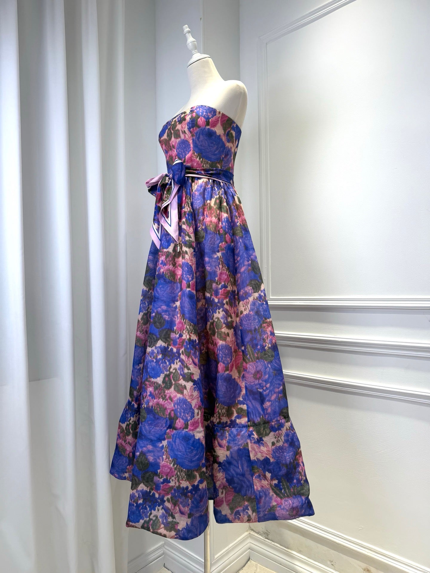 2026 women Lovestahl Women Purple Floral Strapless Maxi Dress Self Tie Bow Belt High Waist Flowy A Line Long Sundress Summer Wedding Guest Formal Dress