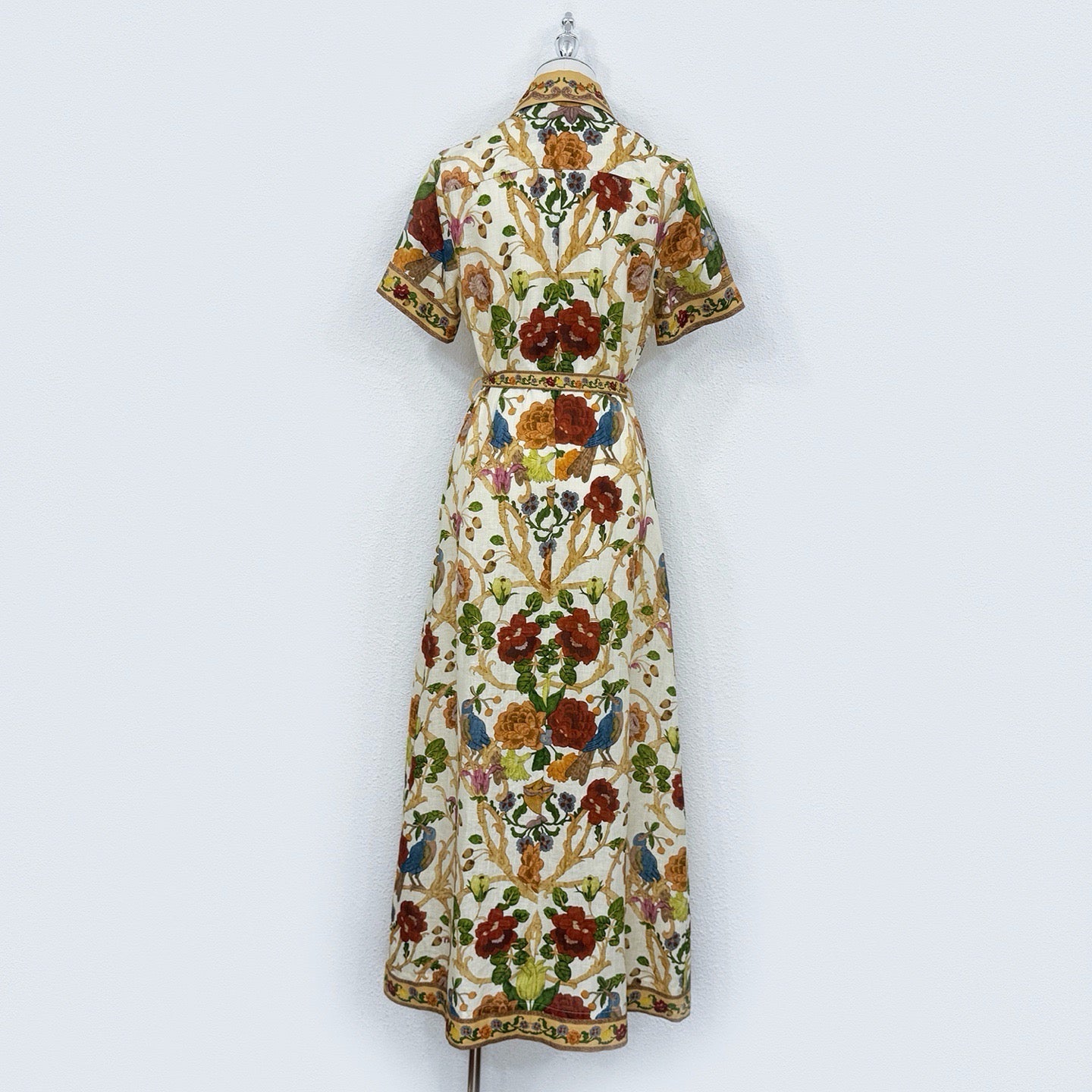 Lovestahl Women Vintage Bird Floral Print Shirt Midi Dress Lapel Short Sleeve Button Front Self Tie Waist Border Trim Retro Garden Holiday Linen Long Dress