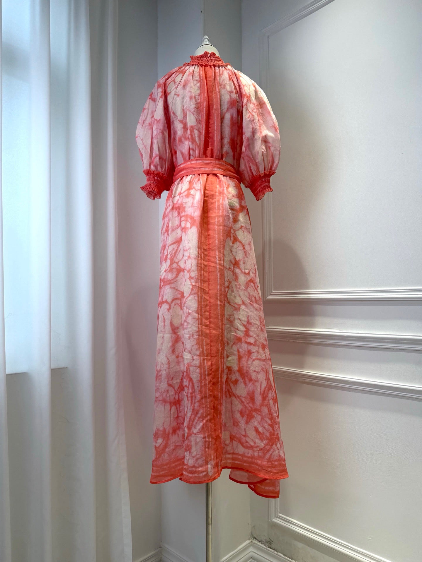 LOVESTAHL Pink Marble Print Maxi Dress Women Stand Collar Puff Short Sleeve Self Tie Waist Belt Flowy Long Vacation Dress Z1081 Sizes 0-3