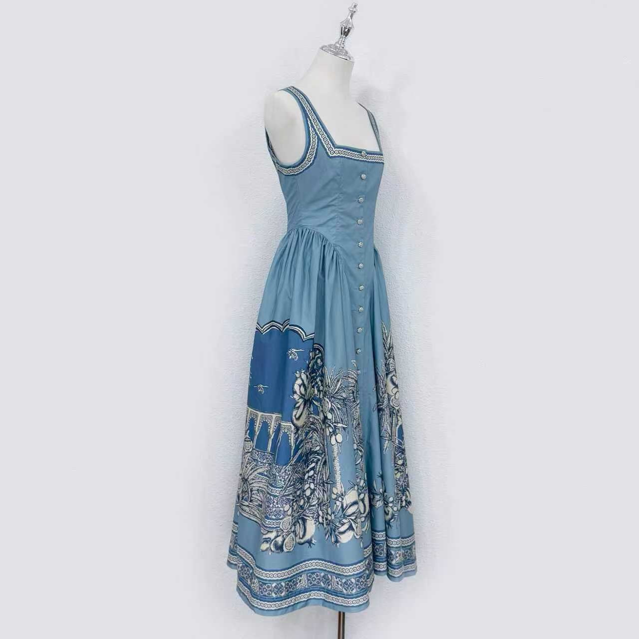 Lovestahl Viral Corset Midi Dress 100% Organic Cotton Mediterranean Lemon Botanical Print Square Neck Swing Skirt Holiday Dress Sizes 6-12 In Stock