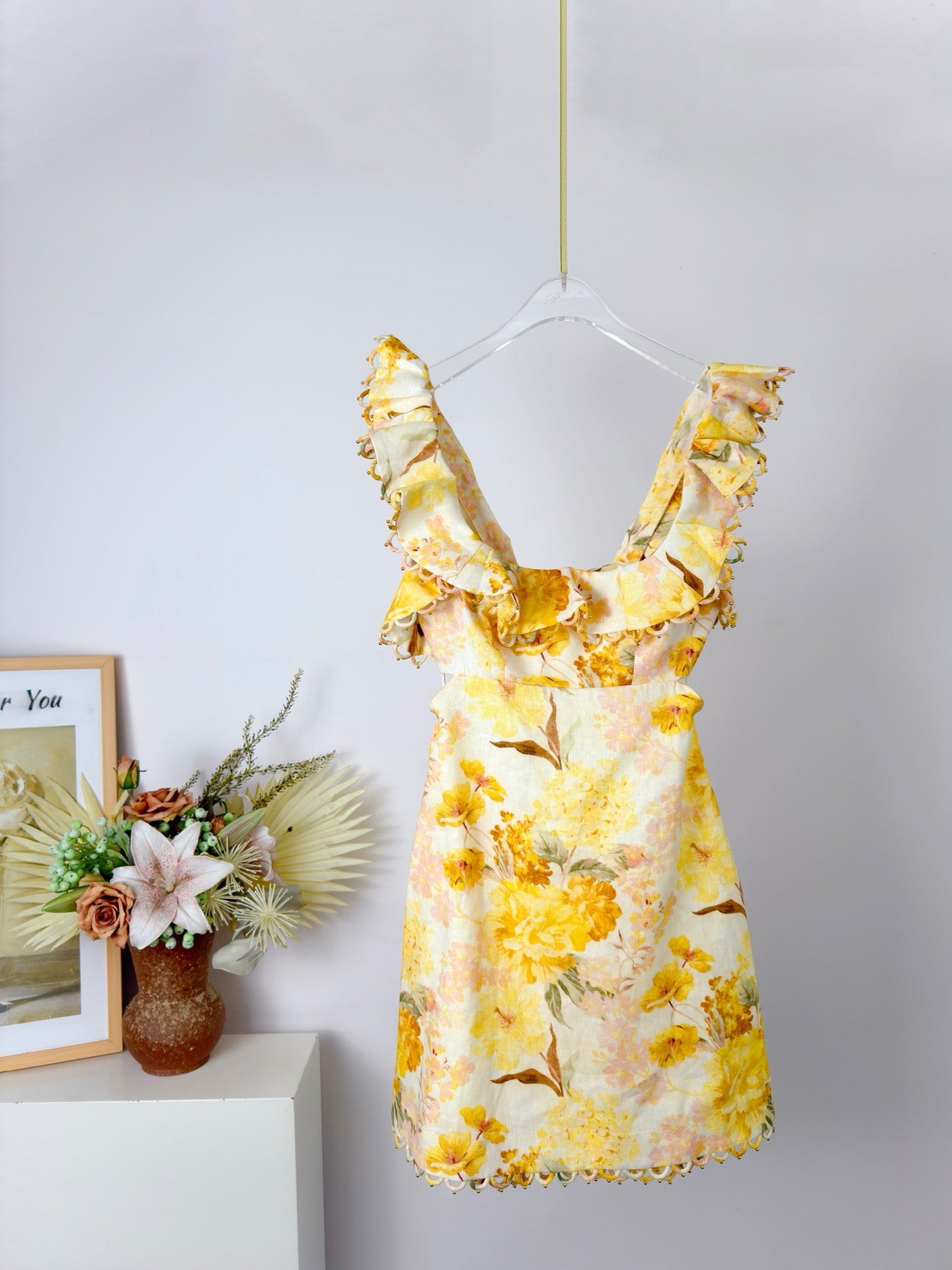 Lovestahl INDRA 100% Linen Midi Dress Women Ruffle Double Strap Square Neck Boned Bust Back Cutout Tie All Over Beaded Summer Vacation Dress